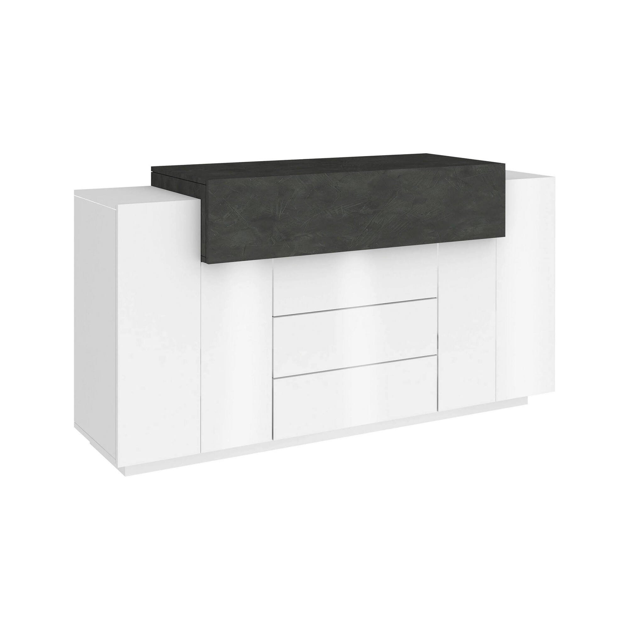 Credenza Milo, Madia da cucina a 3 ante e 3 cassetti, Buffet da soggiorno, 100% Made in Italy, cm 160x45h86, Bianco lucido e Ardesia