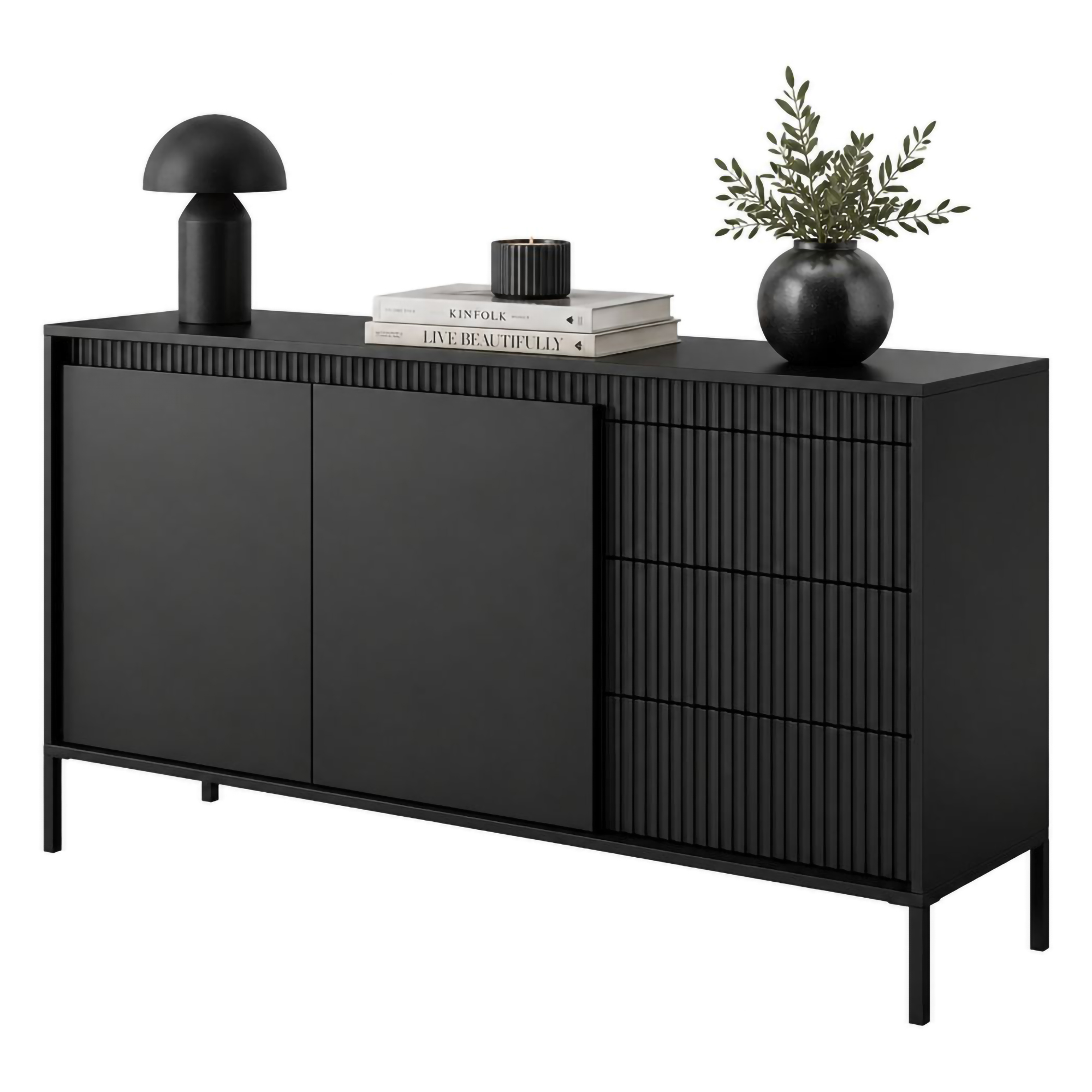 Credenza Nero 3 Cassetti 2 Ripiani 154x40x81h cm, Apertura Battente, Scorrevole - Hatomo