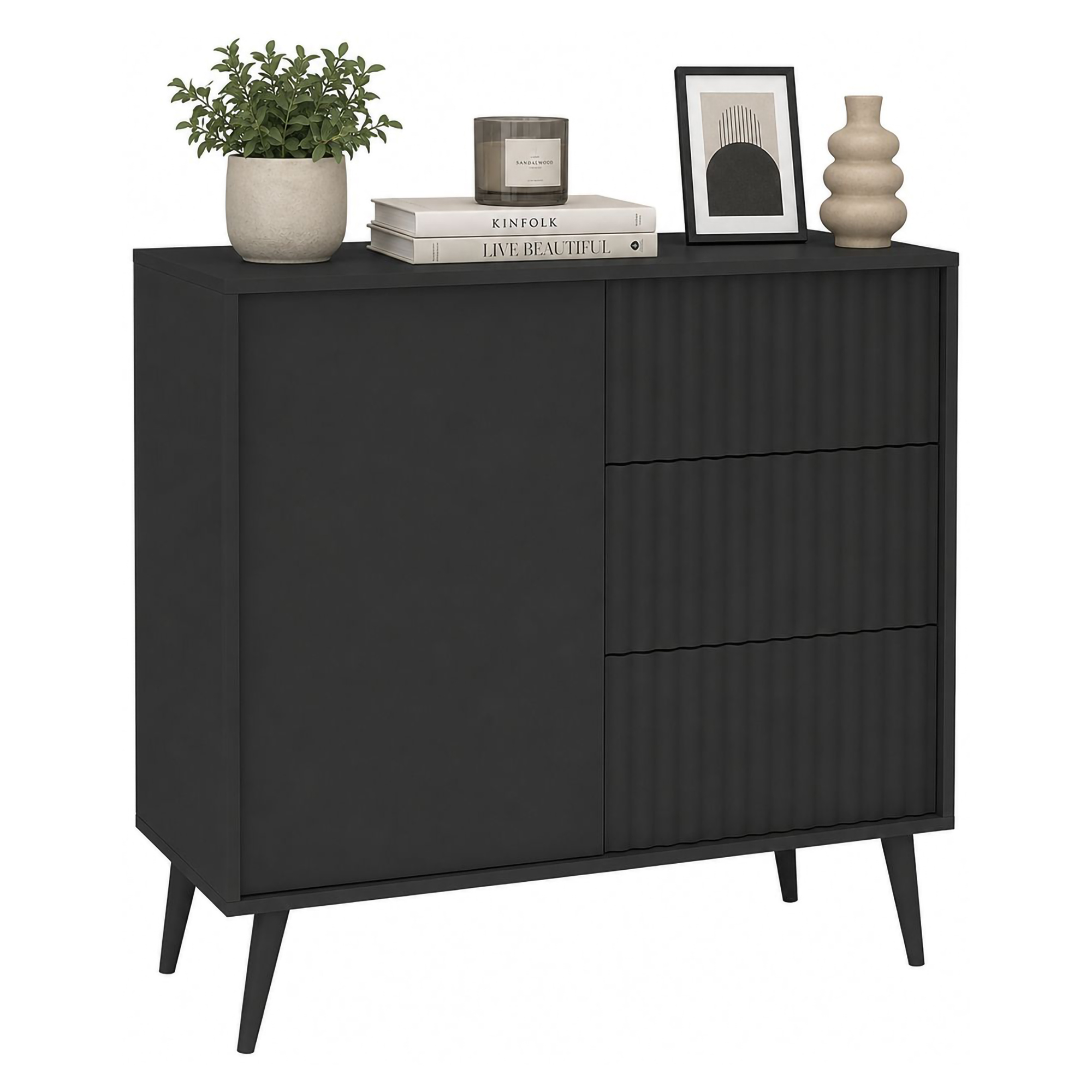 Credenza Nero Antracite 3 Cassetti Un'anta 91x40x98h cm, Apertura Battente, Scorrevole - Lemihapa