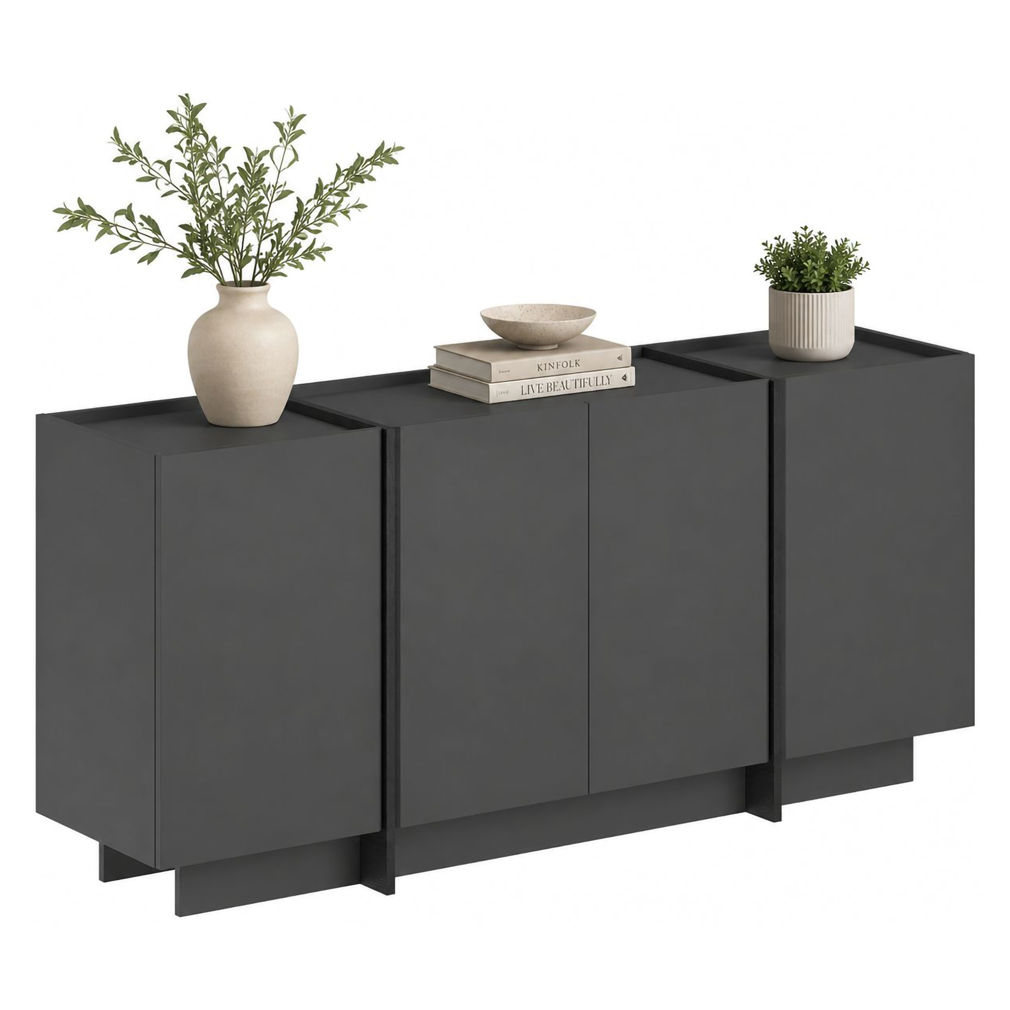 Credenza Nero Antracite 4 Ripiani 4 Ante 180x45x80h cm, 8 Vani - Nolova