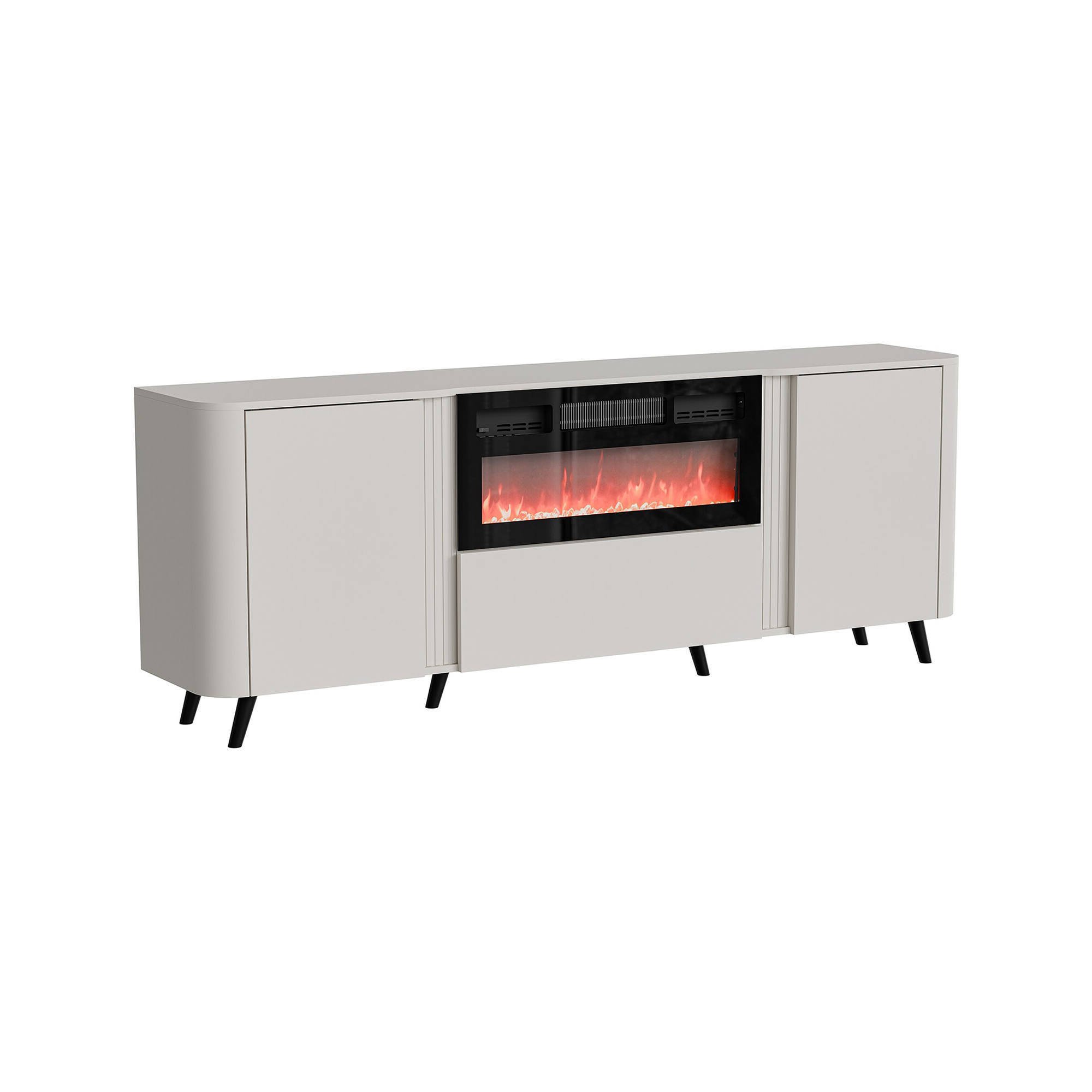 Credenza Santarem, Madia da salotto con due ante battenti, anta a ribalta- e camino elettrico, Rialzata da terra, 191x40 h69 cm, Beige