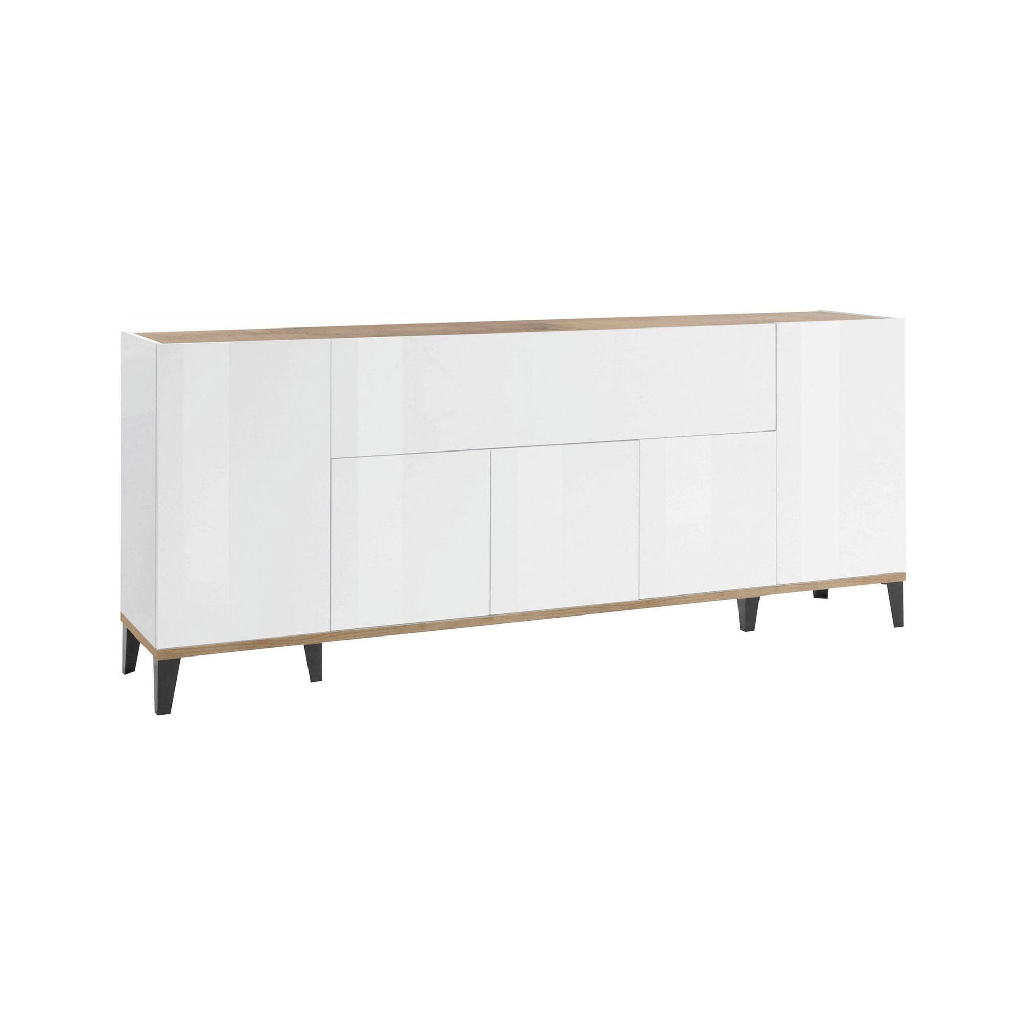 Credenza Vittorio, Madia da cucina a 6 ante, Buffet da soggiorno, 100% Made in Italy, cm 200x40h82, Bianco lucido e Acero