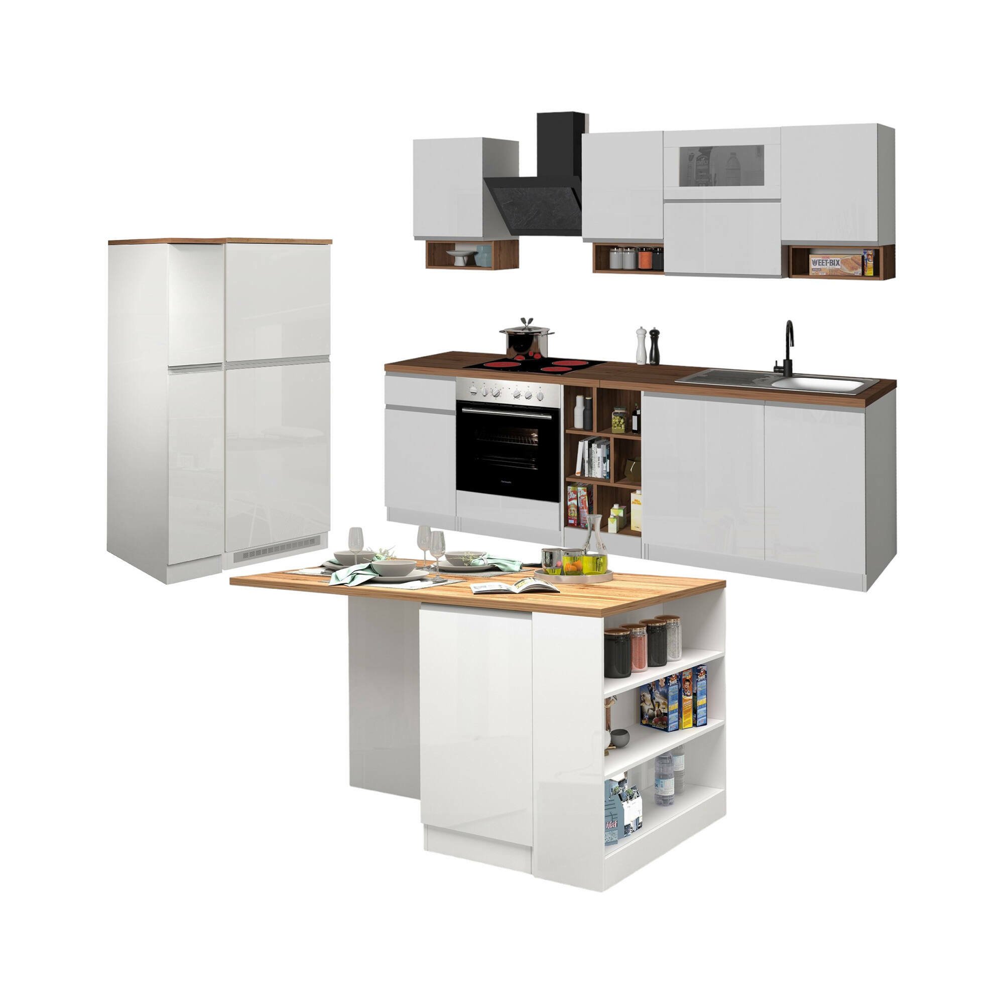Cucina Bianco Lucido Marrone Rovere Modulabile 30 Ripiani, 3 Cassetti Made in Italy - Armend