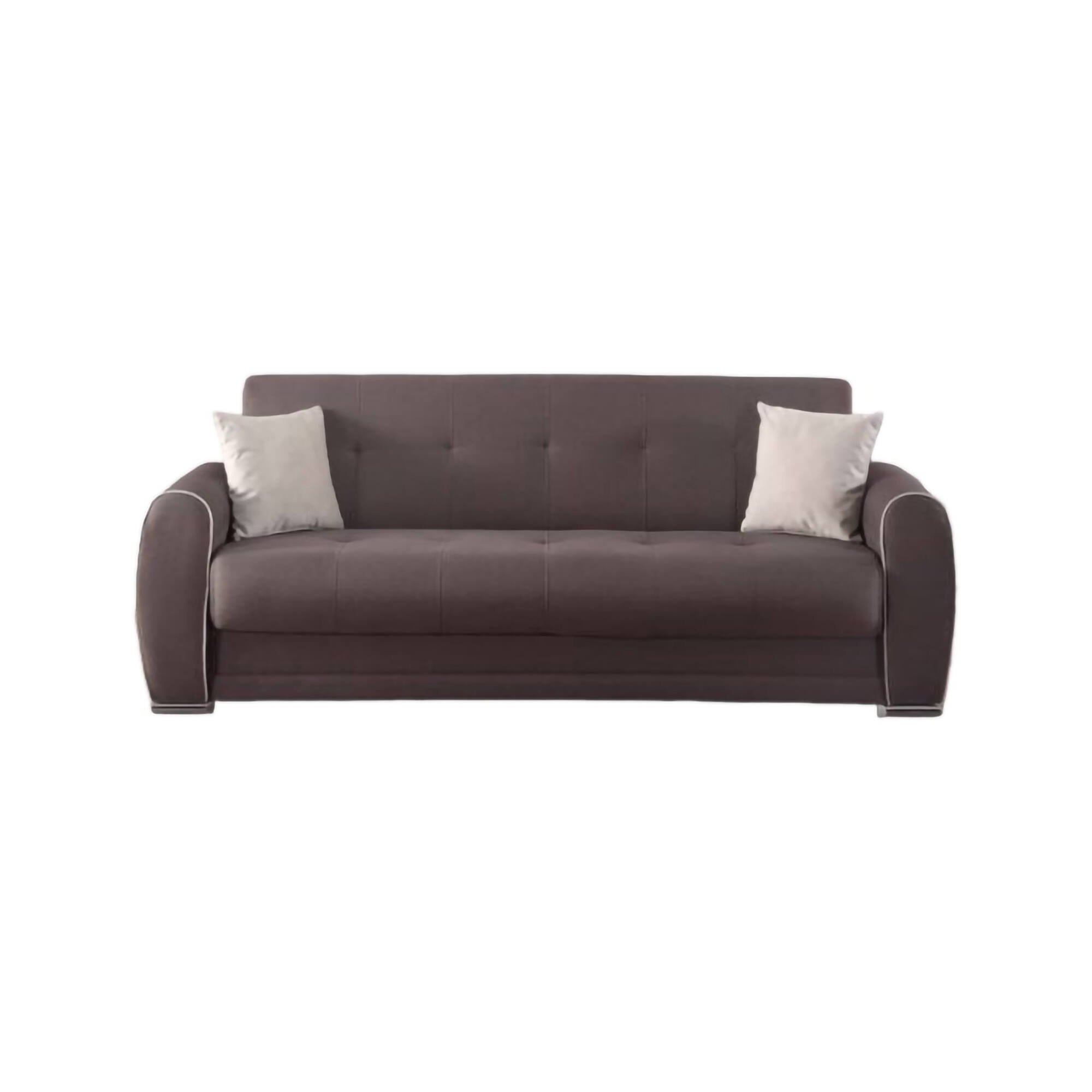 Divano letto Alejandro, Divano letto contenitore a 3 posti con 2 cuscini inclusi, Sofà da soggiorno in tessuto imbottito con apertura click-clack, 224x85h87 cm, Grigio Chiaro