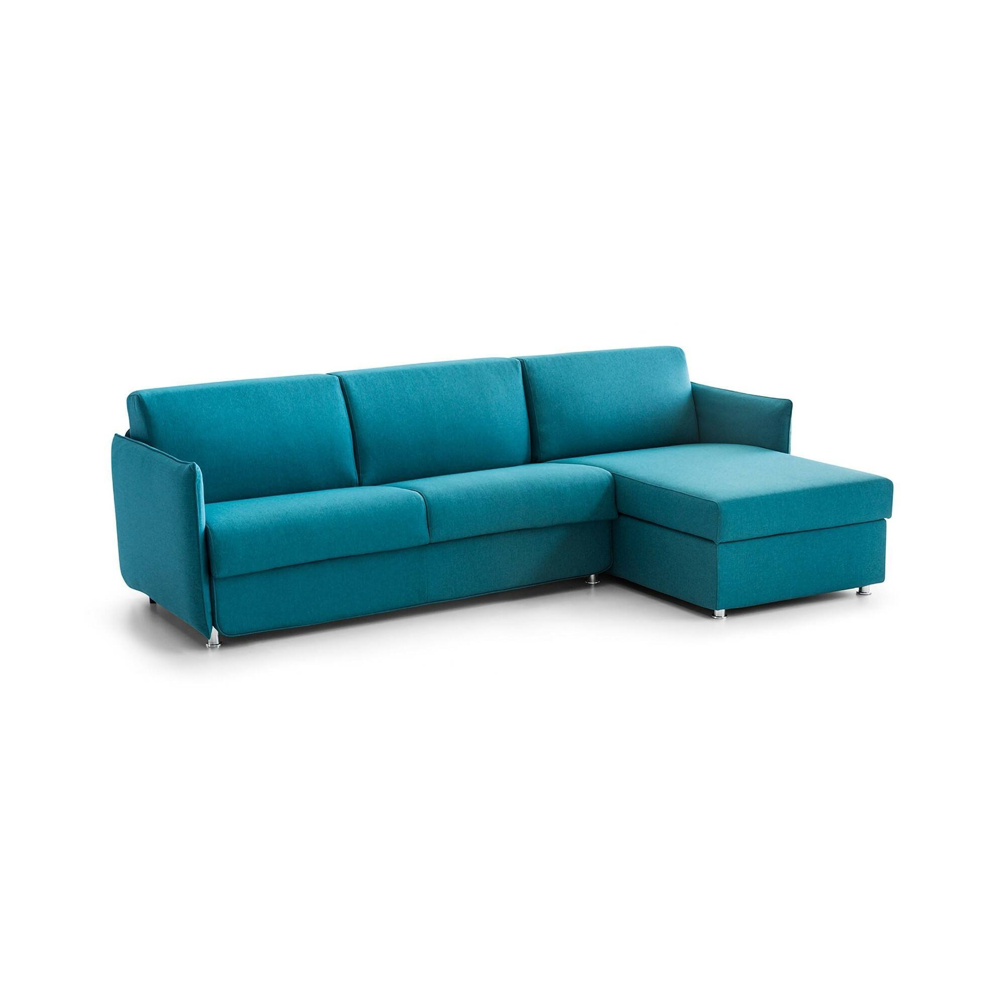 Divano Letto con Penisola Azzurro Sfoderabile Contenitore 260x160 cm, Idrorepellente Multiposizione Trasformabile in Letto Made in Italy - Scordia