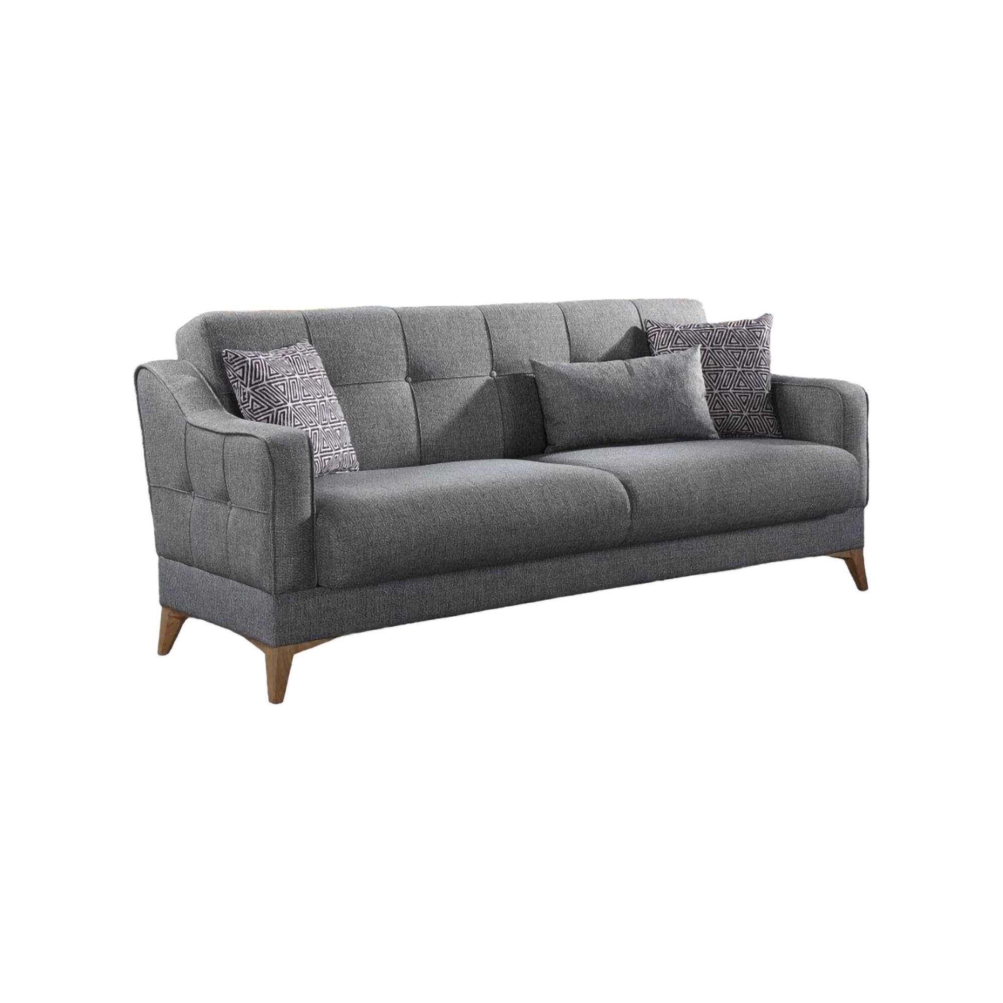 Divano letto Juan, Divano letto contenitore a 3 posti lineare con 3 cuscini inclusi, Sofà da soggiorno in tessuto imbottito con apertura click-clack, 207x82xh92 cm, Grigio