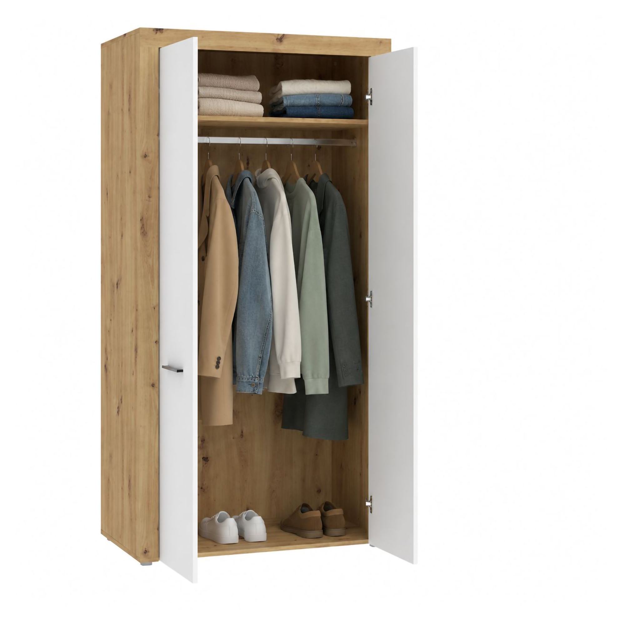 Guardaroba 2 Ante Marrone Rovere Bianco un Ripiano Appendiabiti 100x192h cm, Apertura Battente - Lesemelo