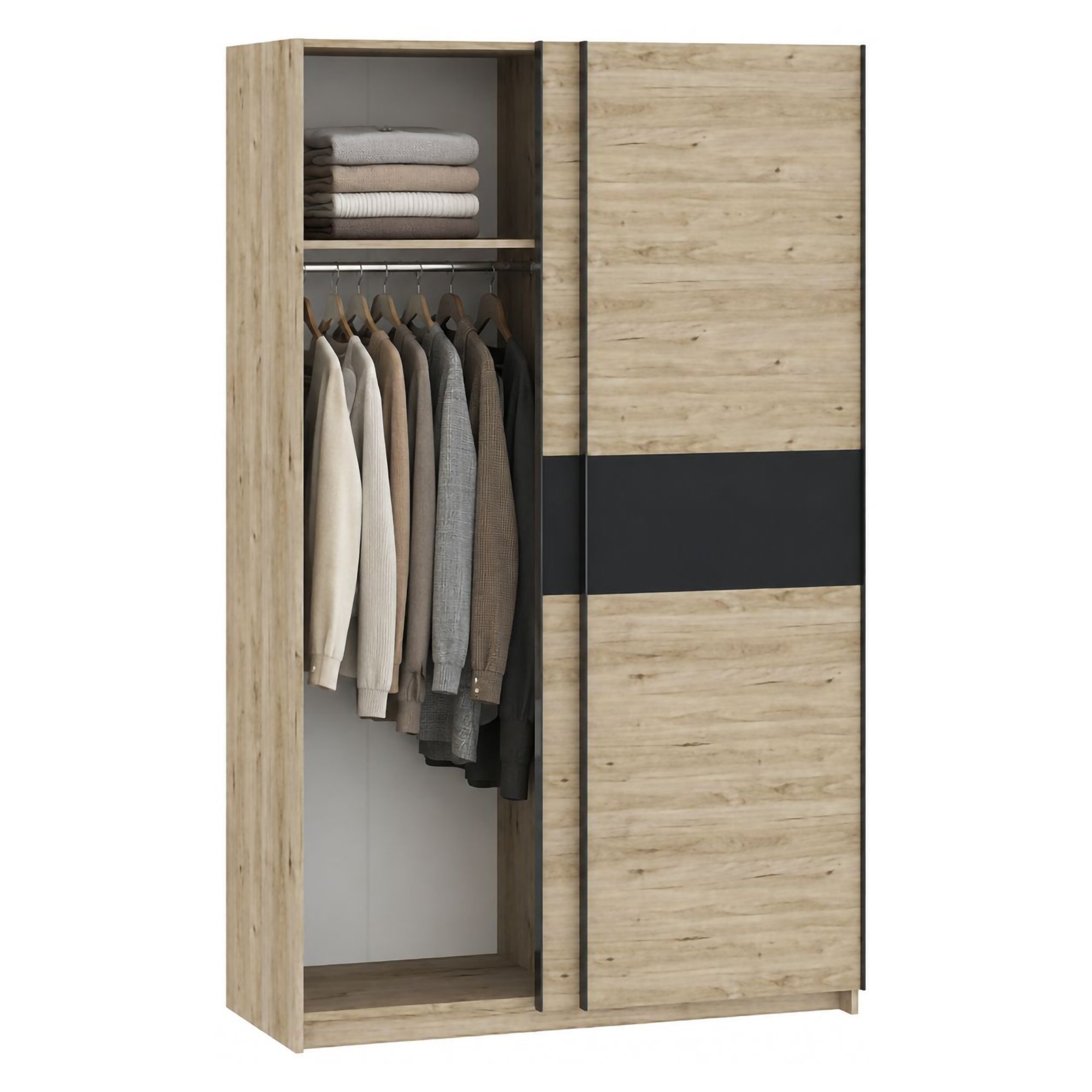 Guardaroba 2 Ante Marrone Rovere Nero Antracite 2 Ripiani Appendiabiti 120x204h cm, 2 Ante - Maba