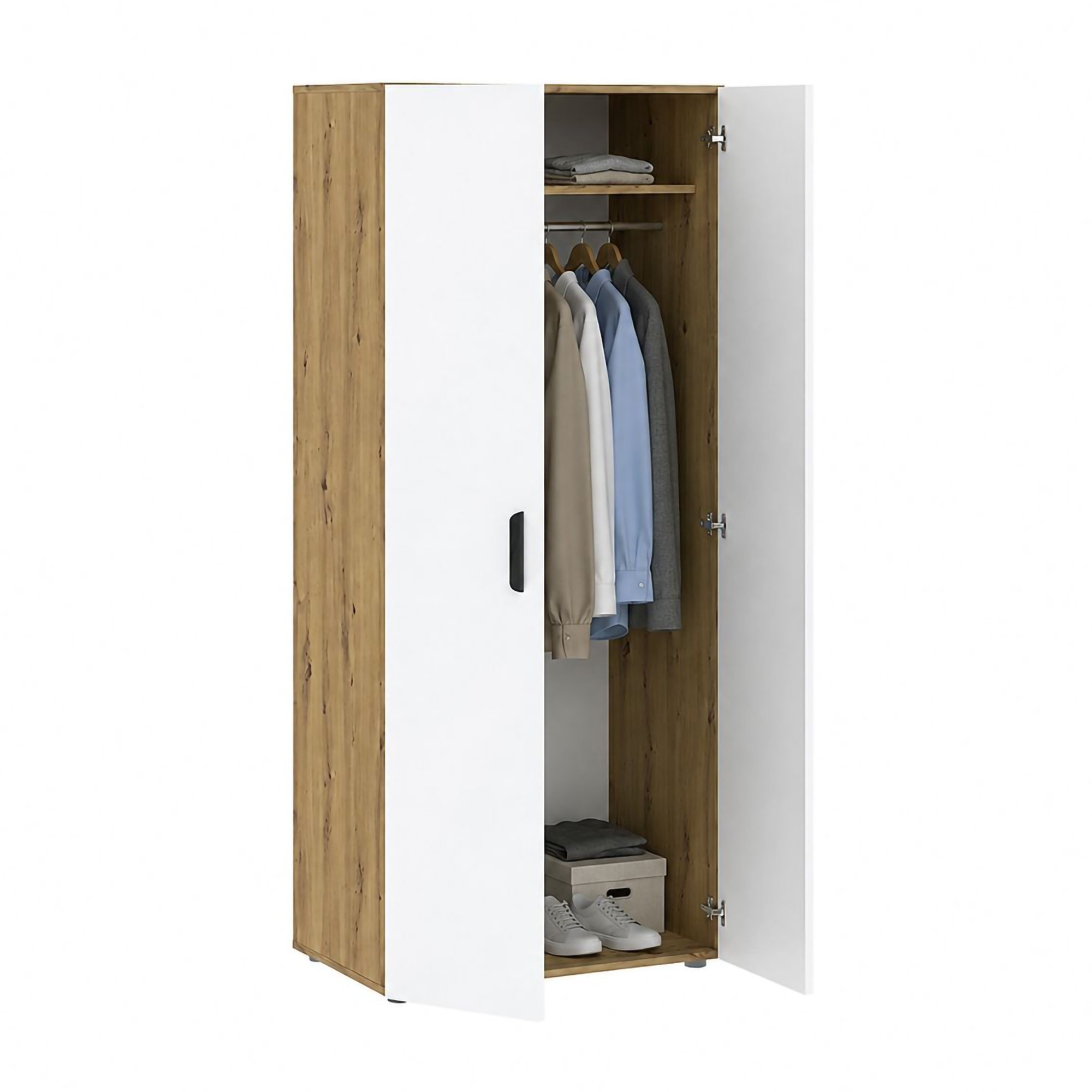 Guardaroba 2 Ante Marrone Rovere Nodi Bianco un Ripiano Appendiabiti 74x179h cm, Apertura Battente - Malvito