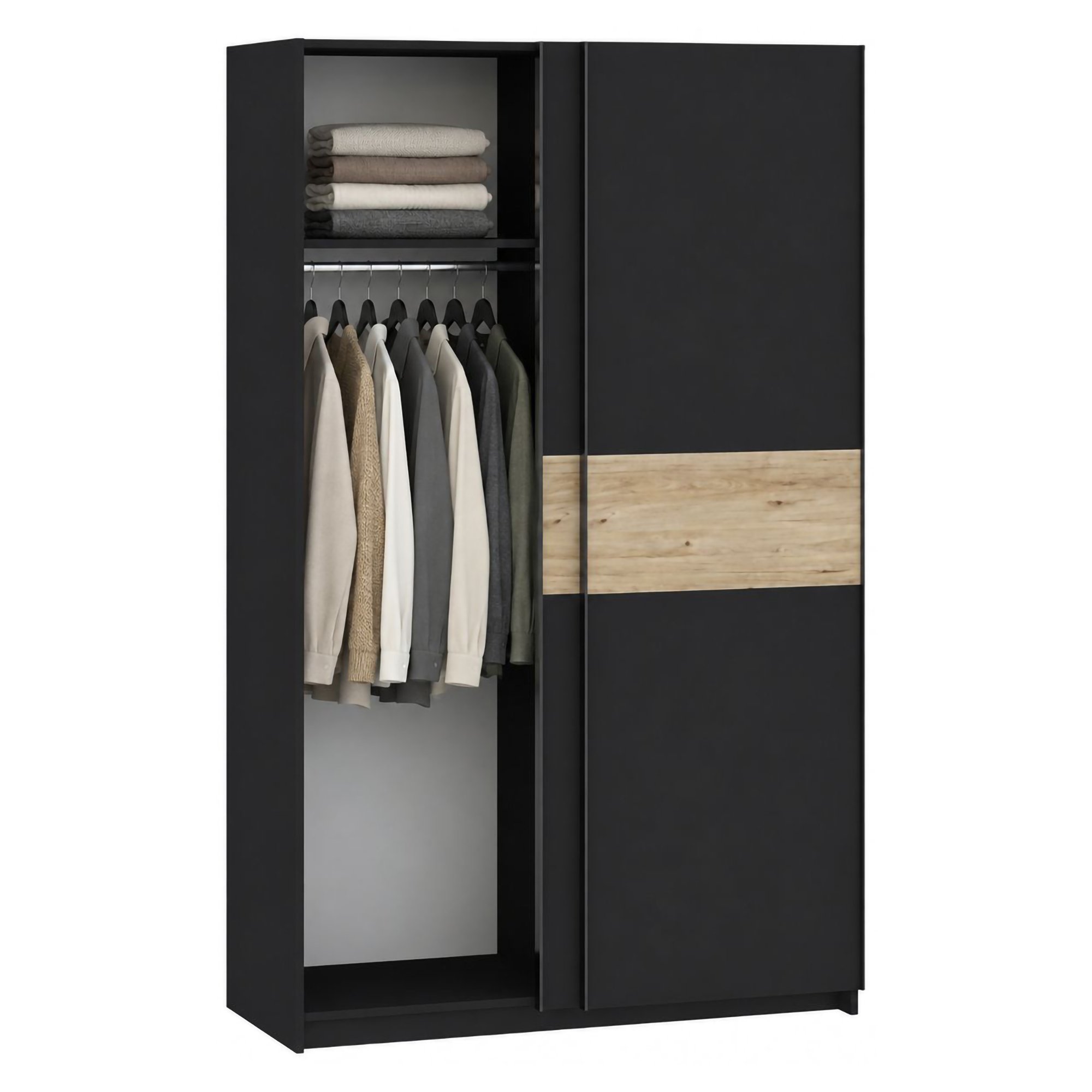 Guardaroba 2 Ante Nero Antracite Marrone Rovere 2 Ripiani Appendiabiti 120x204h cm, 2 Ante - Maba