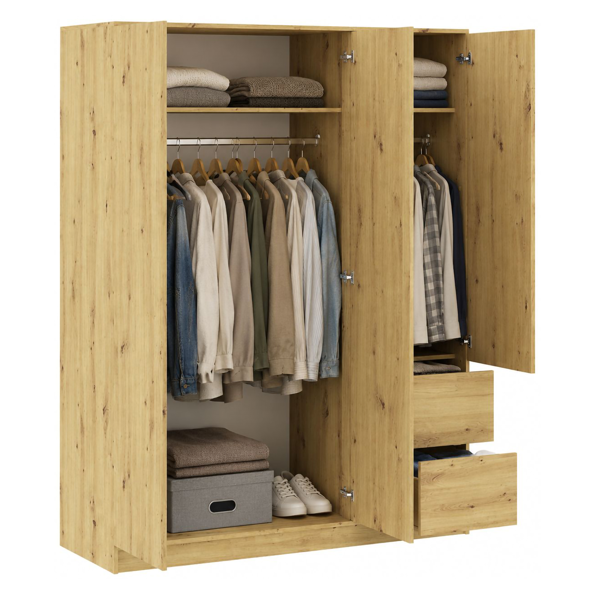 Guardaroba 3 Ante Marrone Rovere Appendiabiti 2 Cassetti 147x57 cm, 2 Ripiani - Leseto