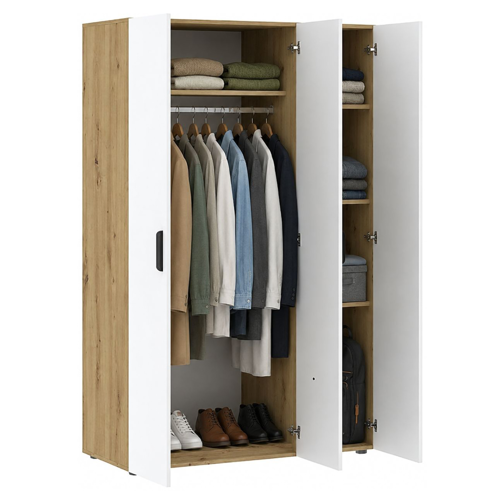 Guardaroba 3 Ante Marrone Rovere Bianco Appendiabiti 4 Ripiani 111x52 cm, 3 Ante - Pettineo