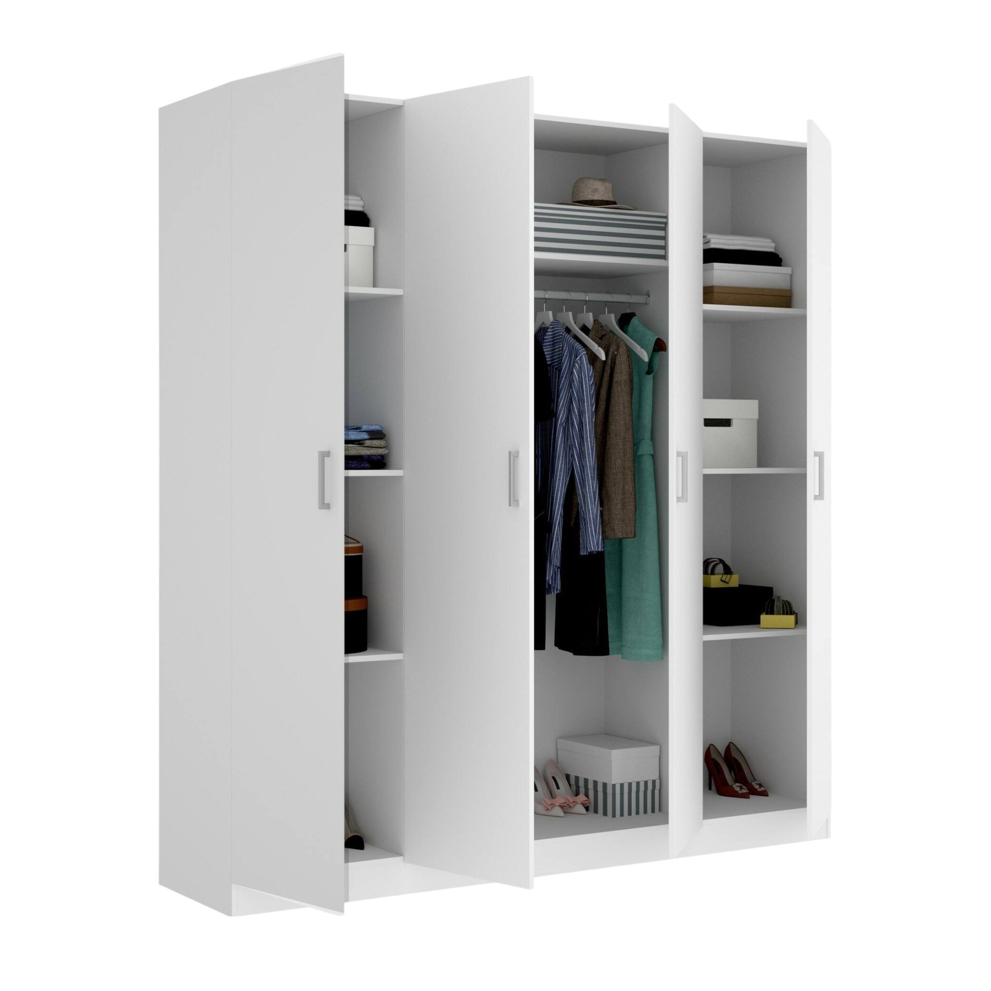 Guardaroba Bove, Mobile appendiabiti per camera da letto, Armadio a 4 ante battenti, 200x52h215 cm, Bianco