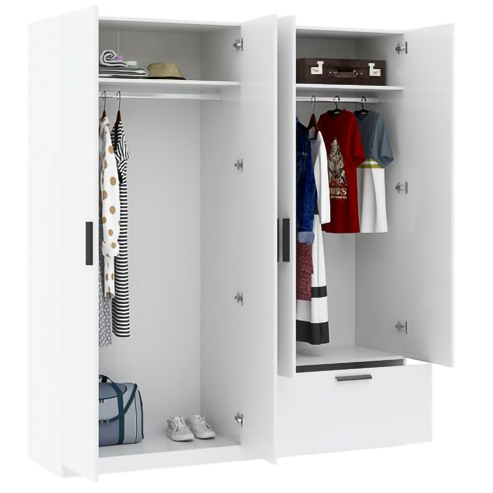 Guardaroba Grande Bianco Nero 2 Ripiani Appendiabiti 180x210h cm, un Cassetto - Lidala
