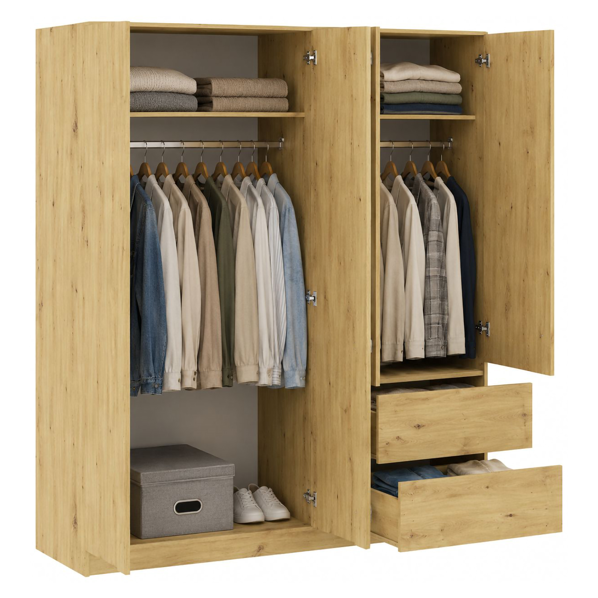 Guardaroba Grande Marrone Rovere Nodi 2 Ripiani Appendiabiti 195x205h cm, 2 Cassetti - Lesomiha