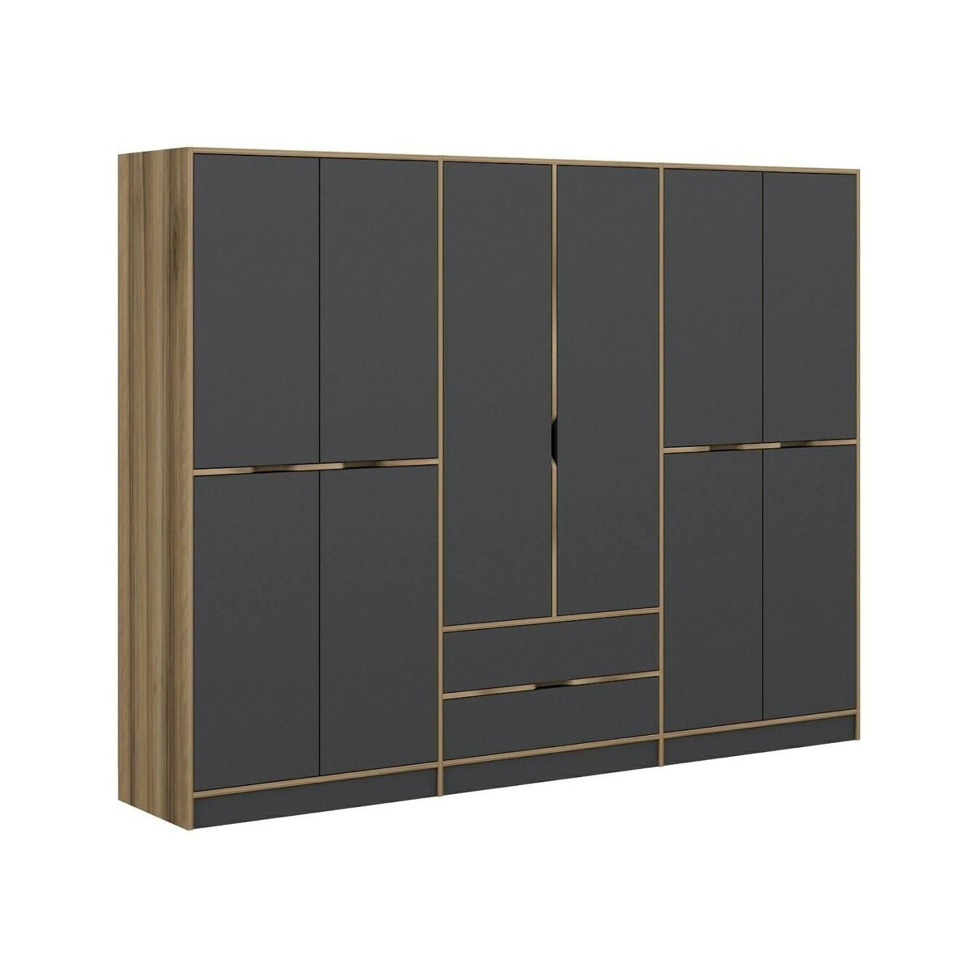 Guardaroba Grande Nero Antracite Marrone Noce 5 Ripiani Appendiabiti 277x208h cm, 2 Cassetti - Gaspard