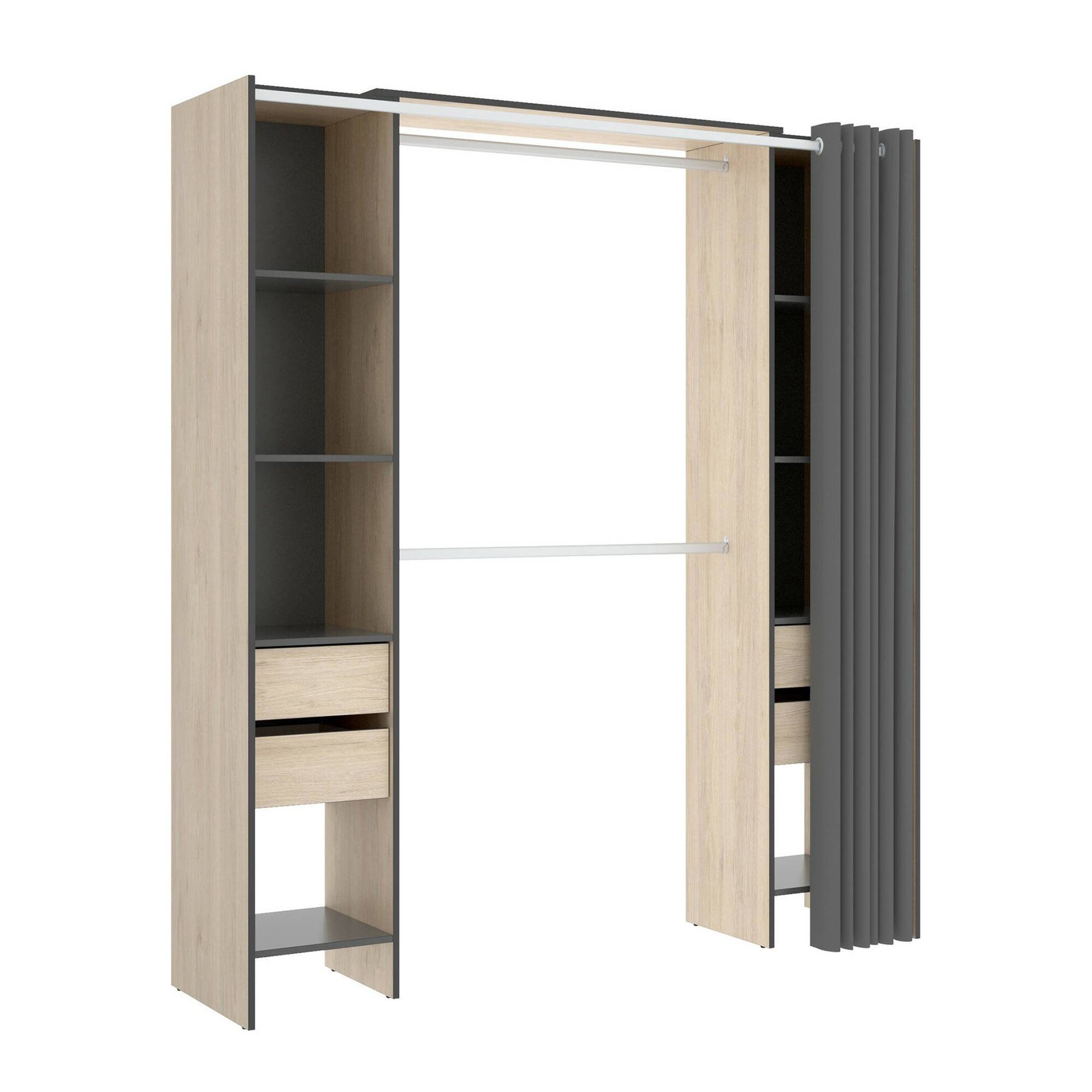 Guardaroba Resegone, Struttura per cabina armadio, Mobile appendiabiti aperto, 180x50h205 cm, Rovere e Antracite