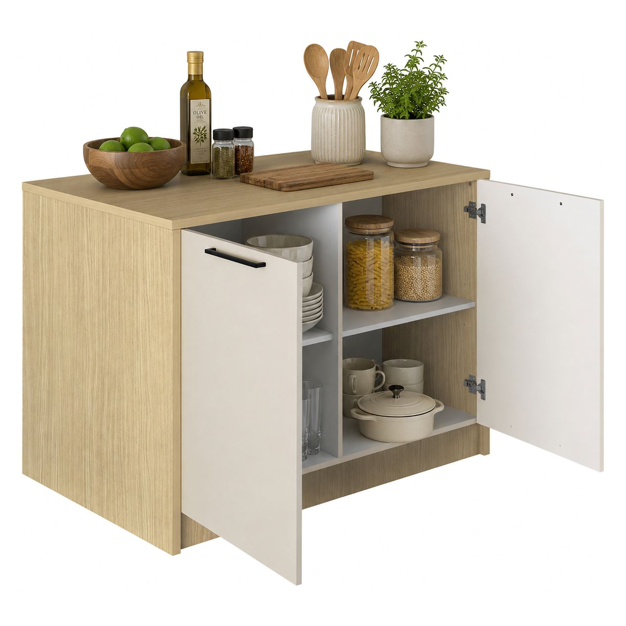 Isola da Cucina Marrone Rovere Beige Cashmere un Ripiano 2 Vani 115x80x90h cm, 2 Ante Made in Italy - Manotere