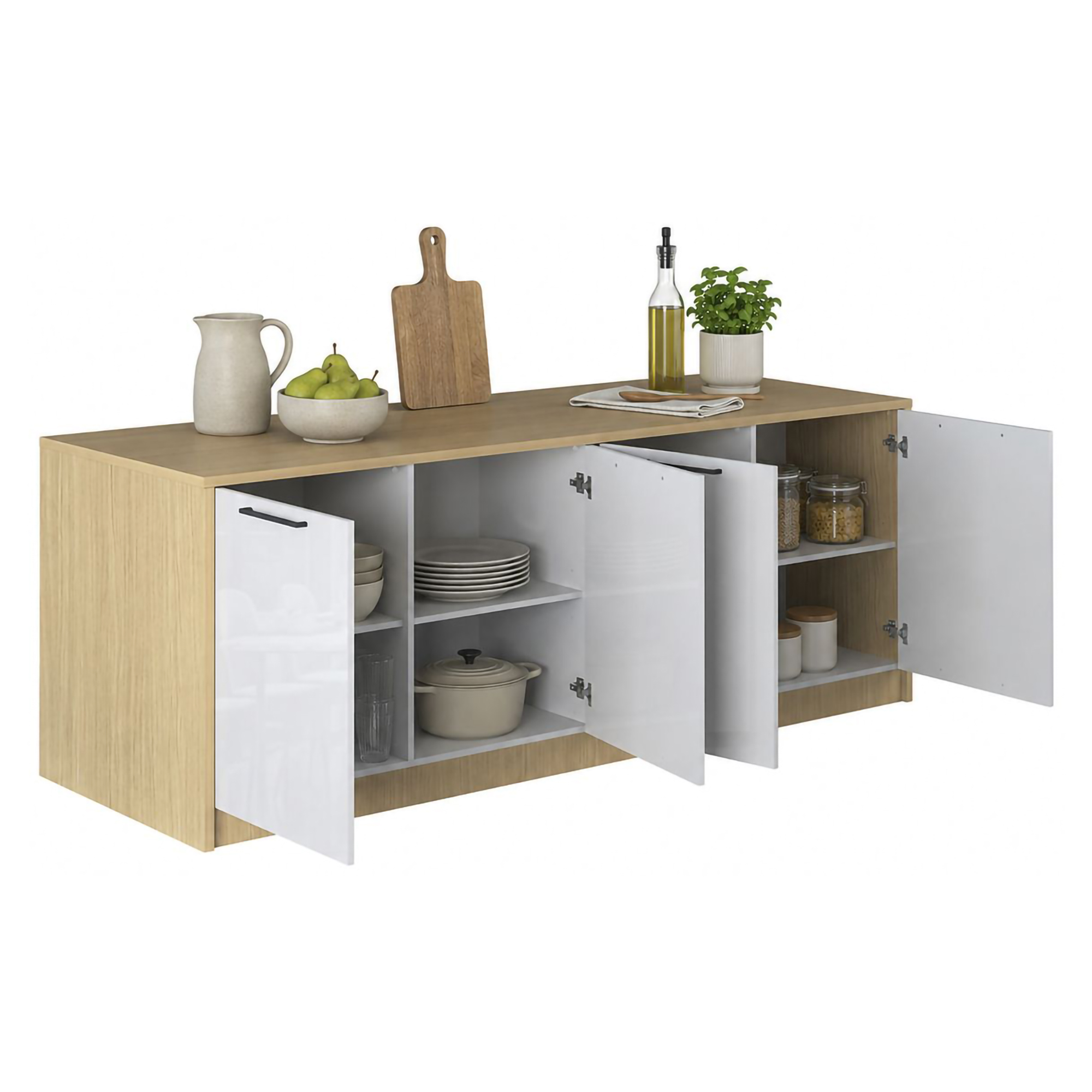 Isola da Cucina Marrone Rovere Bianco Lucido 2 Ripiani 4 Vani 225x80x90h cm, 4 Ante Made in Italy - Mapana