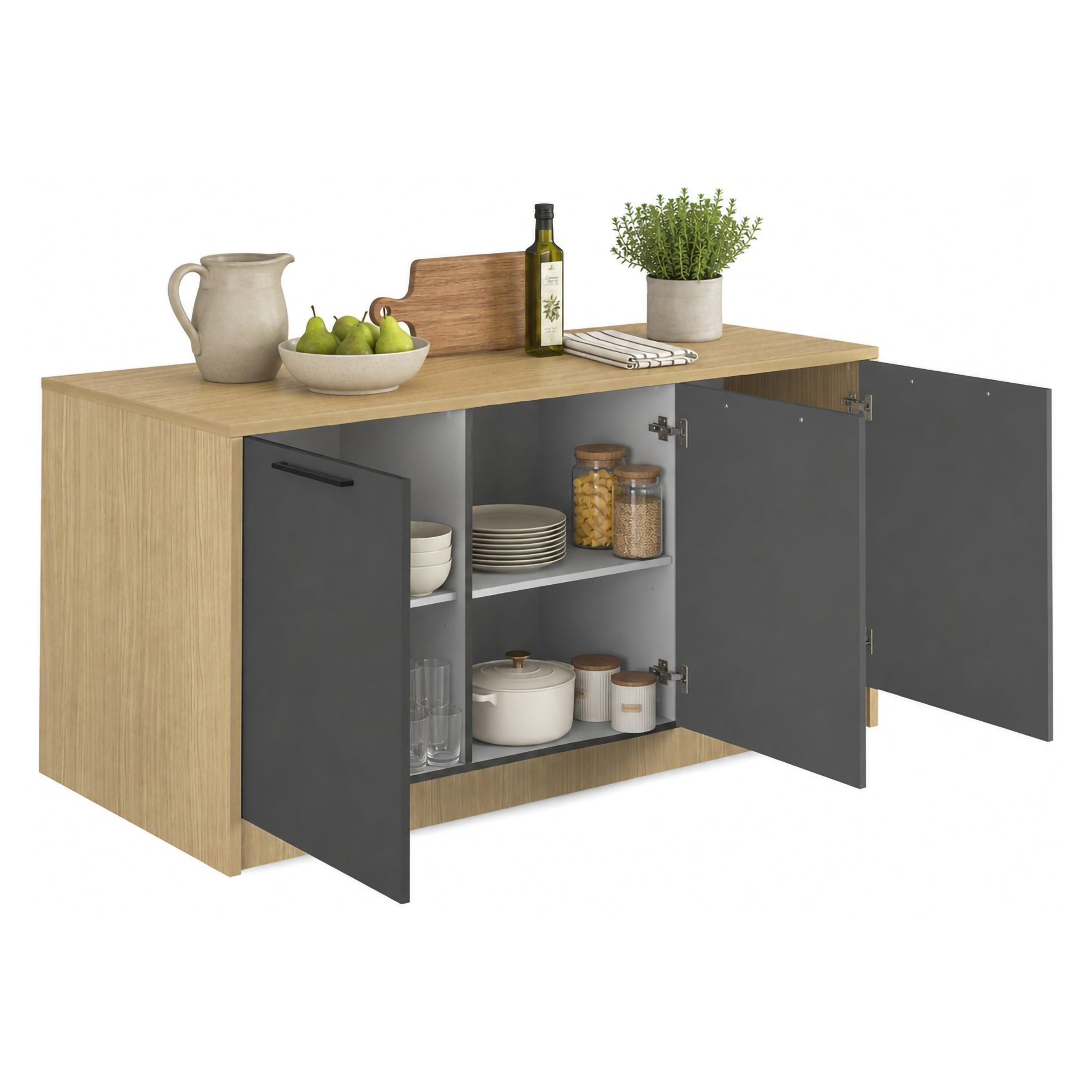 Isola da Cucina Marrone Rovere Nero Antracite 2 Ripiani 4 Vani 170x80x90h cm, 3 Ante Made in Italy - Mapalesi