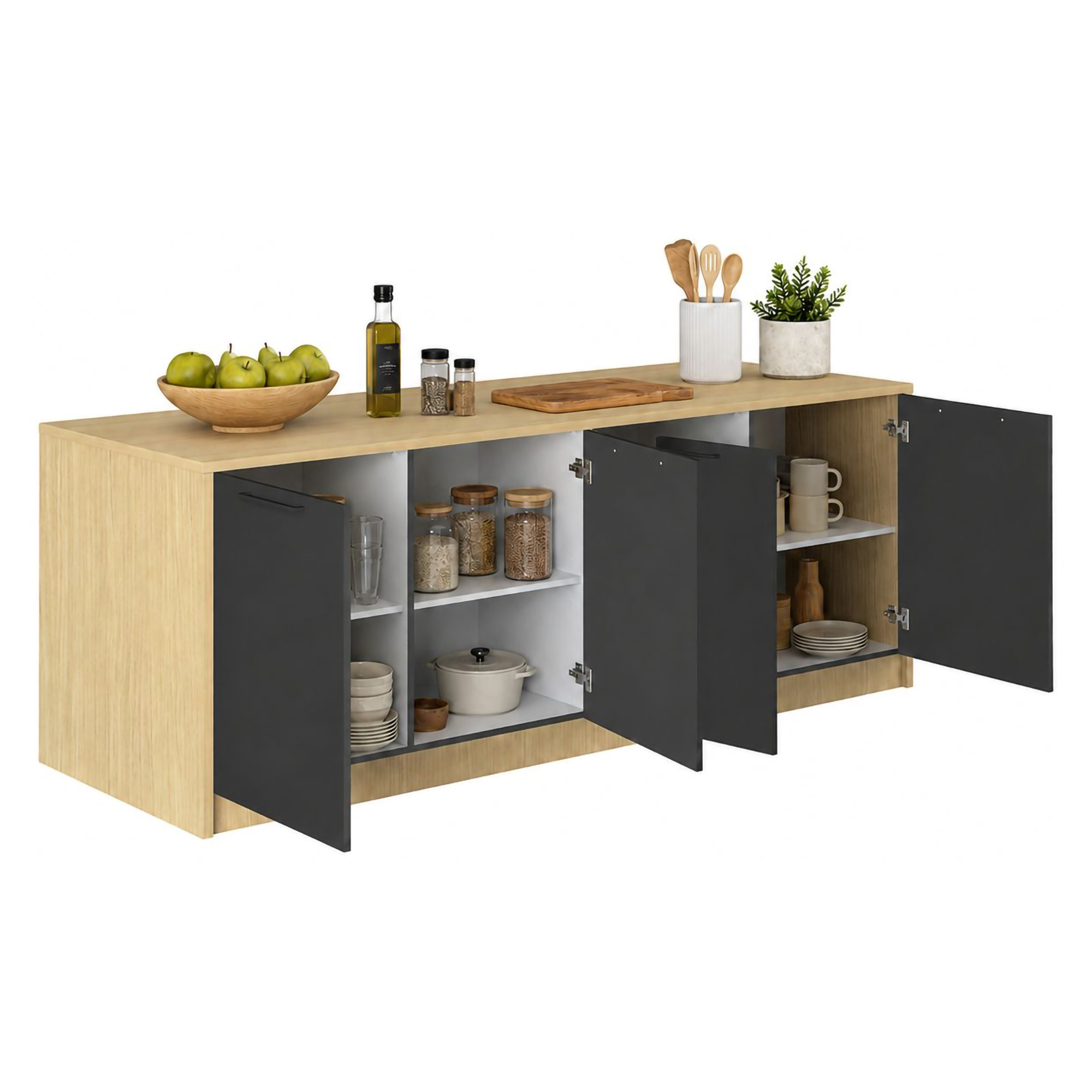 Isola da Cucina Marrone Rovere Nero Antracite 2 Ripiani 4 Vani 225x80x90h cm, 4 Ante Made in Italy - Mapana