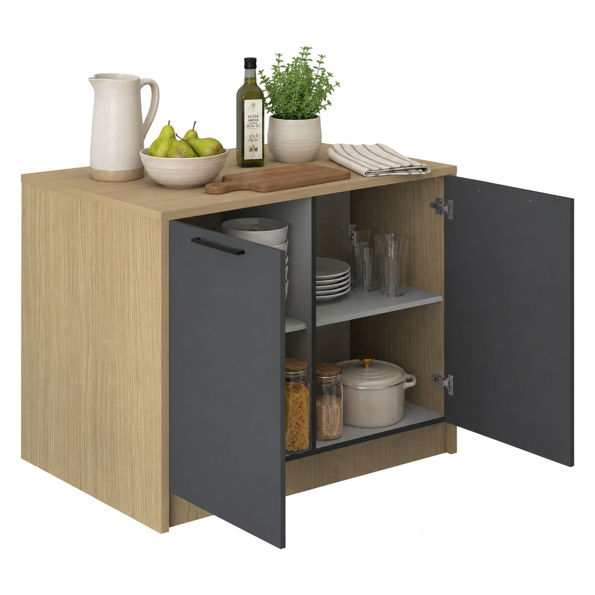Isola da Cucina Marrone Rovere Nero Antracite un Ripiano 2 Vani 115x80x90h cm, 2 Ante Made in Italy - Manotere