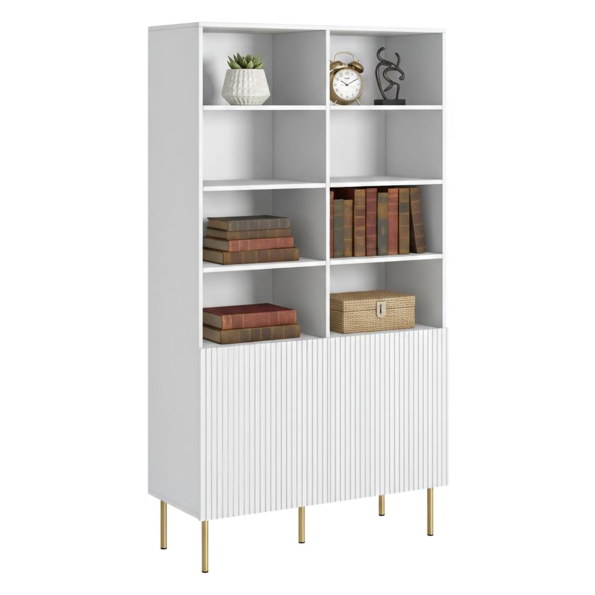 Libreria Bianco oro un Ripiano Piedini oro 100x42x177h cm, 2 Ante - Maierato