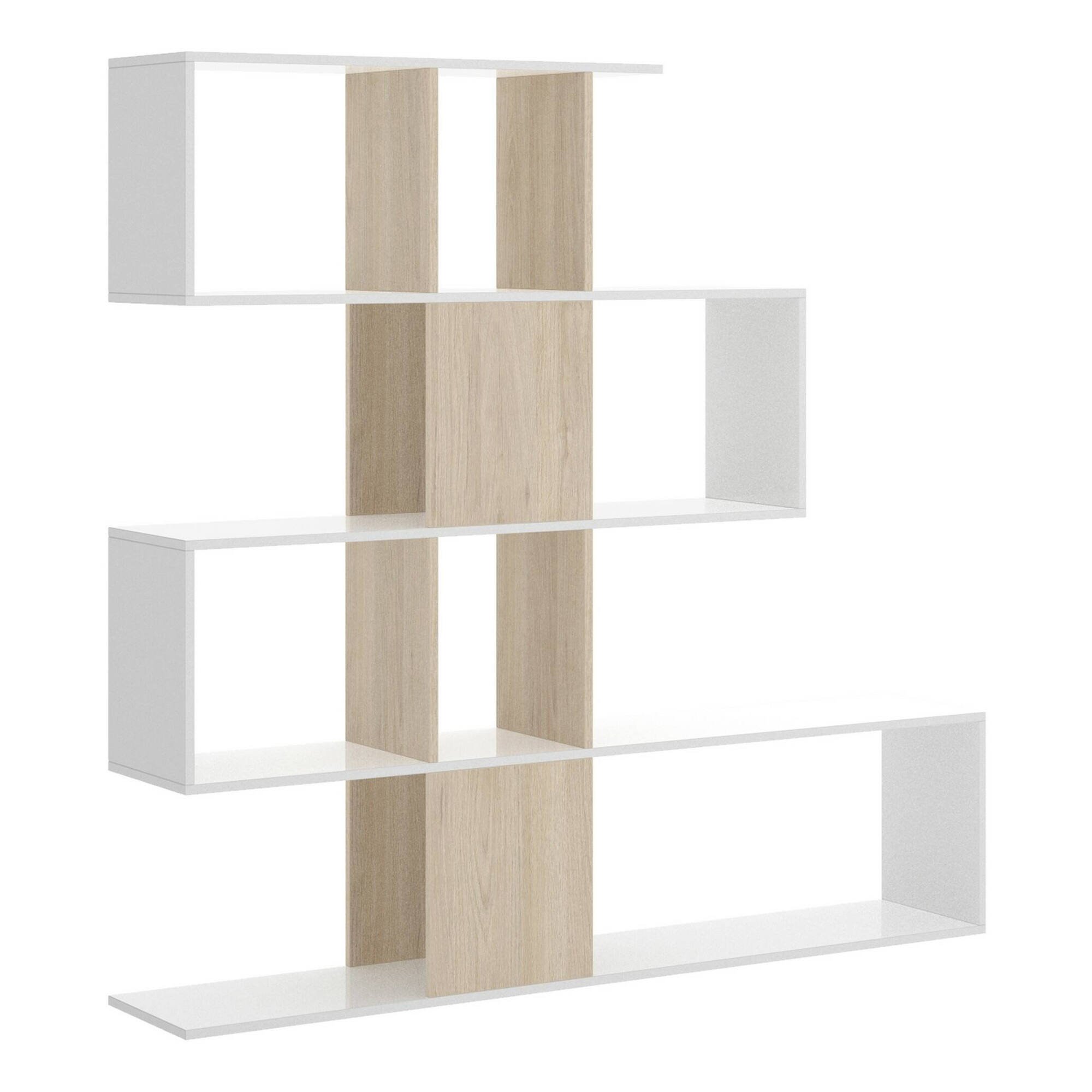 Libreria Moneglia, Scaffale da ufficio multiuso, Mobile biblioteca portalibri a 4 ripiani, 145x29h145 cm, Bianco lucido e Rovere