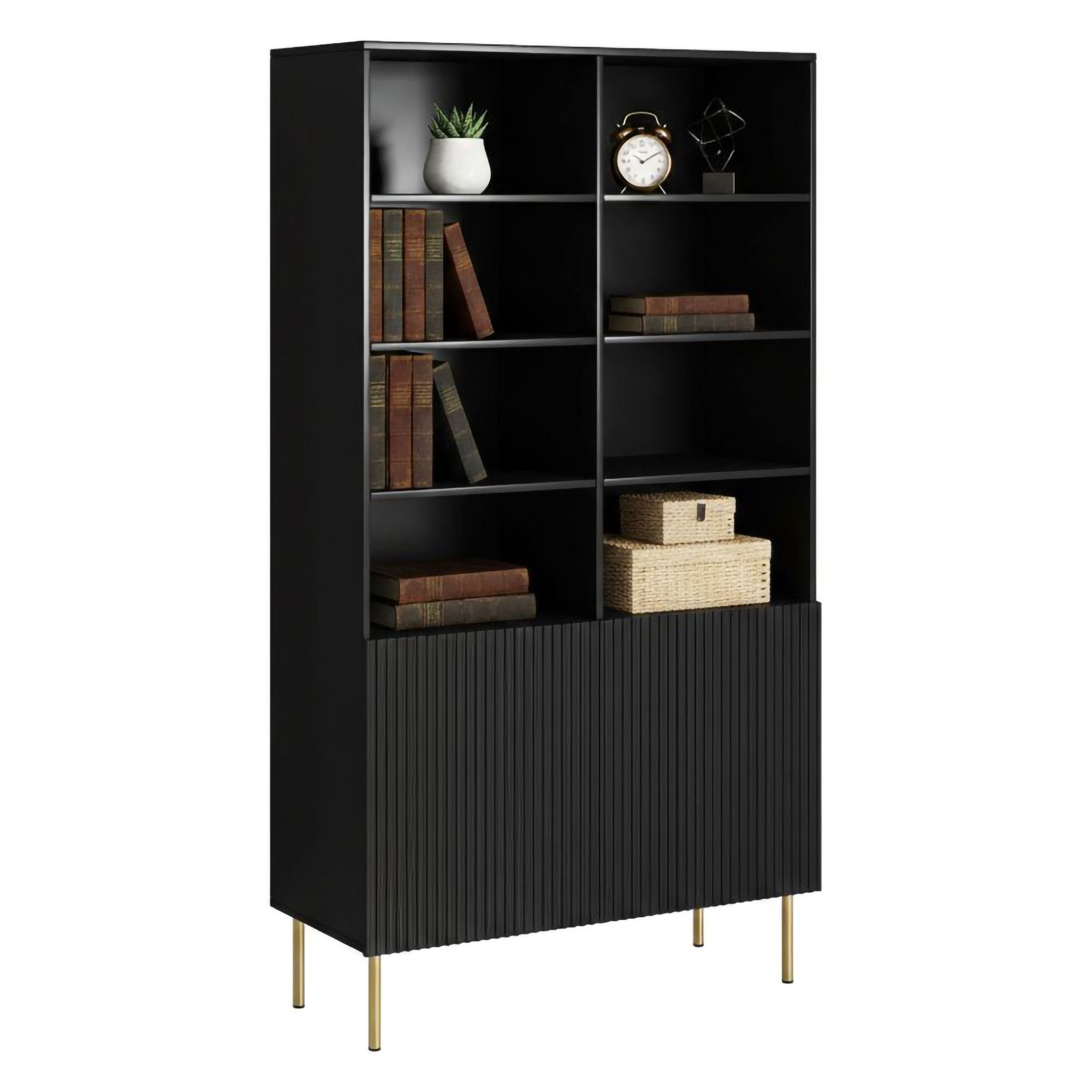 Libreria Nero oro un Ripiano Piedini oro 100x42x177h cm, 2 Ante - Maierato