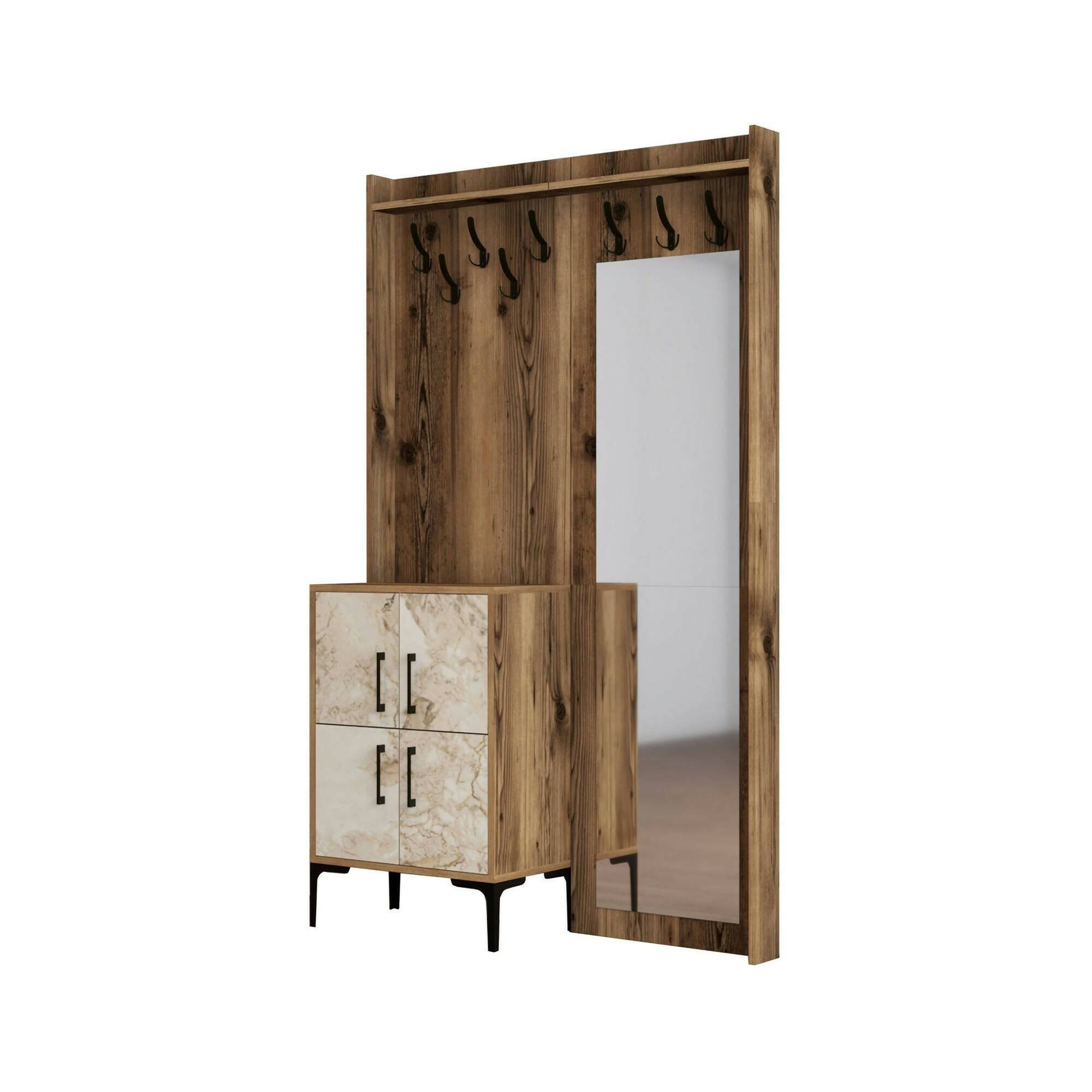 Mobile da Ingresso Marrone Noce Bianco Marmo Specchio Incluso 2 Ripiani 120x35x200h cm, Appendiabiti - Isidore