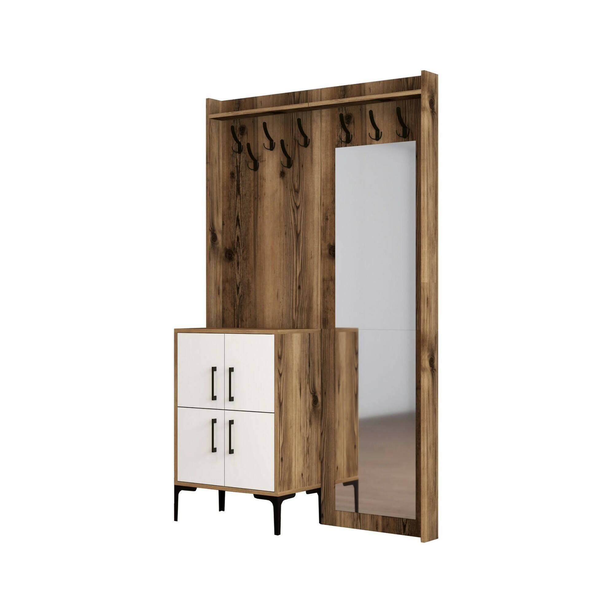 Mobile da Ingresso Marrone Noce Bianco Specchio Incluso 2 Ripiani 120x35x200h cm, Appendiabiti - Isidore