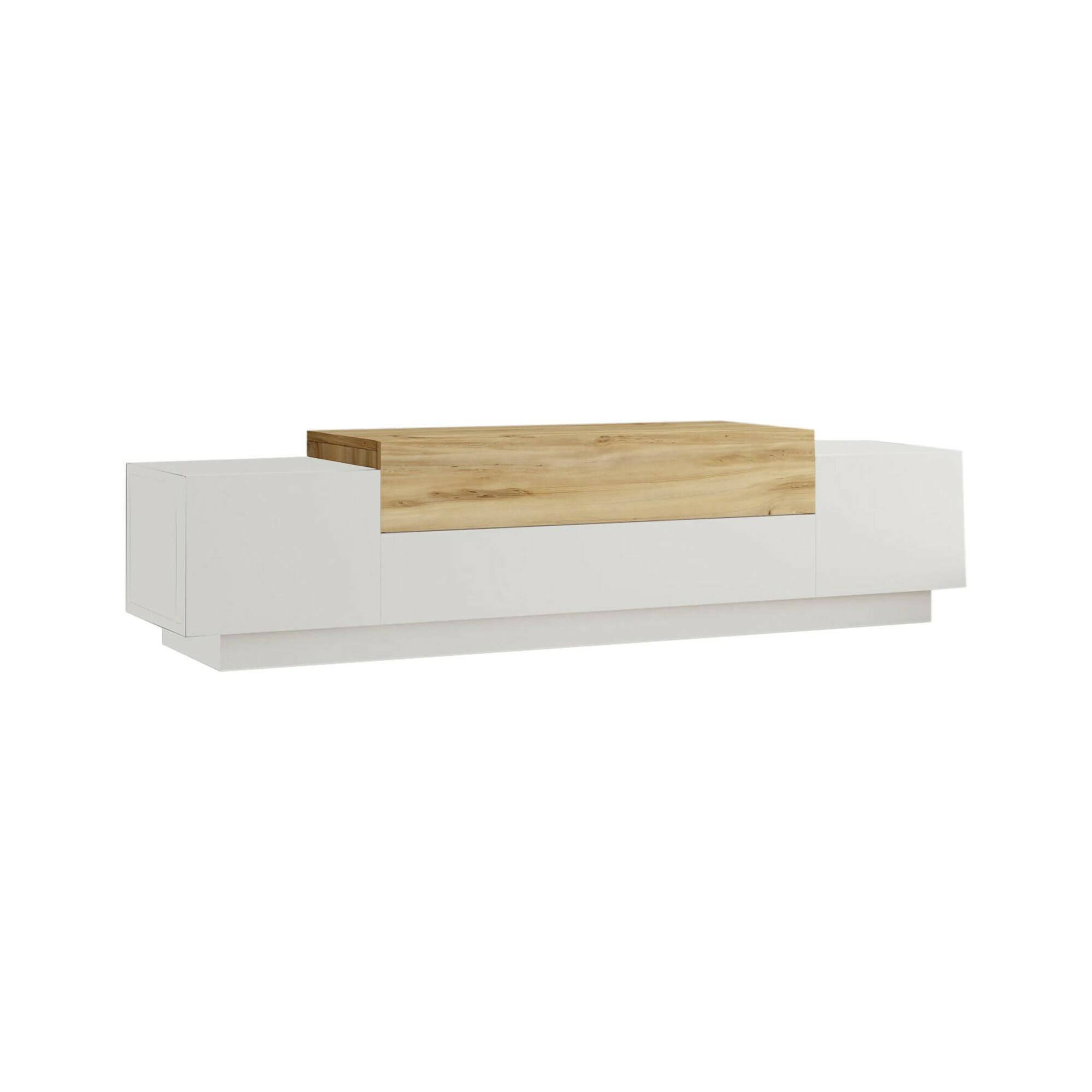 Mobile porta TV Dene, Supporto per televisione da salotto, Credenza bassa da soggiorno, Base porta TV, 160x37h39 cm, Quercia e Bianco