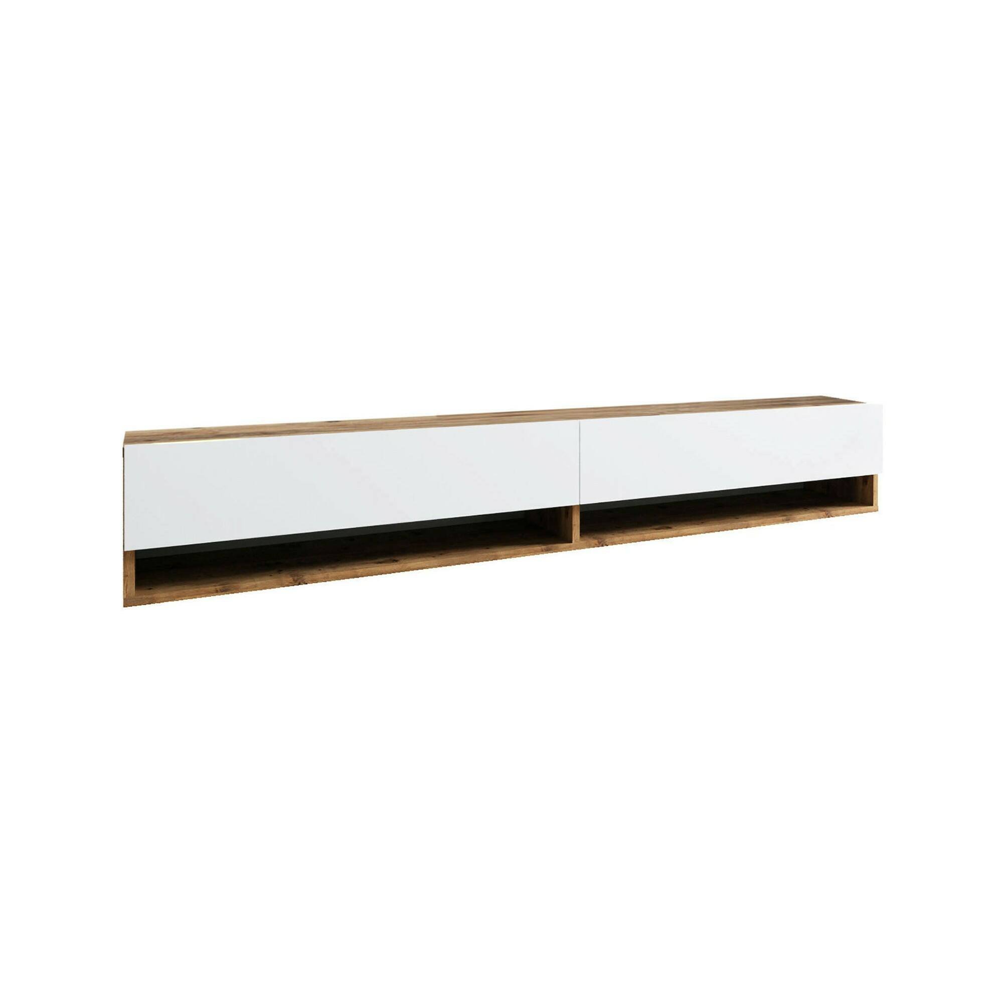 Mobile porta TV Eirene, Supporto per televisione da salotto, Credenza bassa da soggiorno, Base porta TV, 180x32h29 cm, Quercia e Bianco