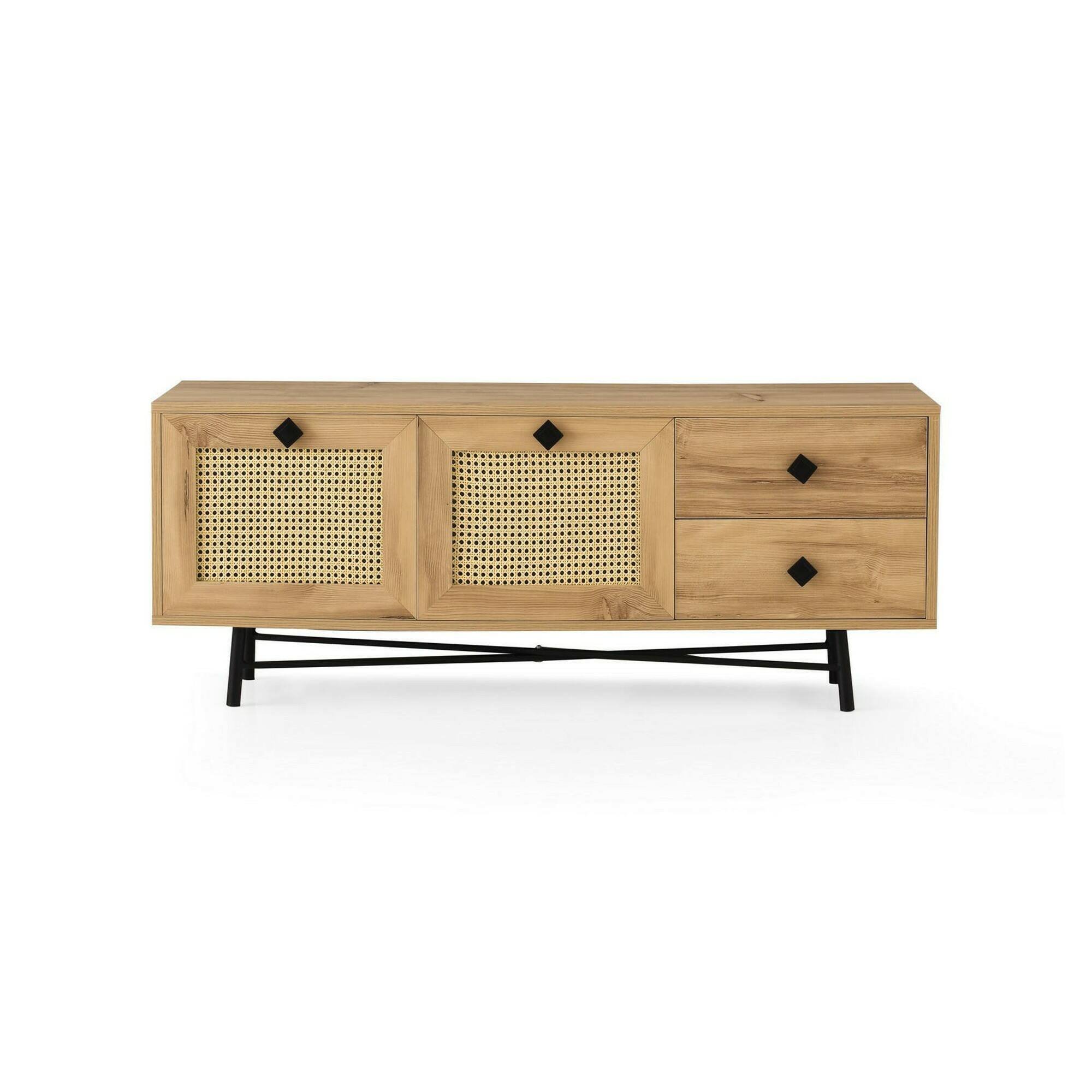 Mobile porta TV Hebe, Supporto per televisione da salotto, Credenza bassa da soggiorno, Base porta TV, Quercia e Nero, 140x40h60 cm