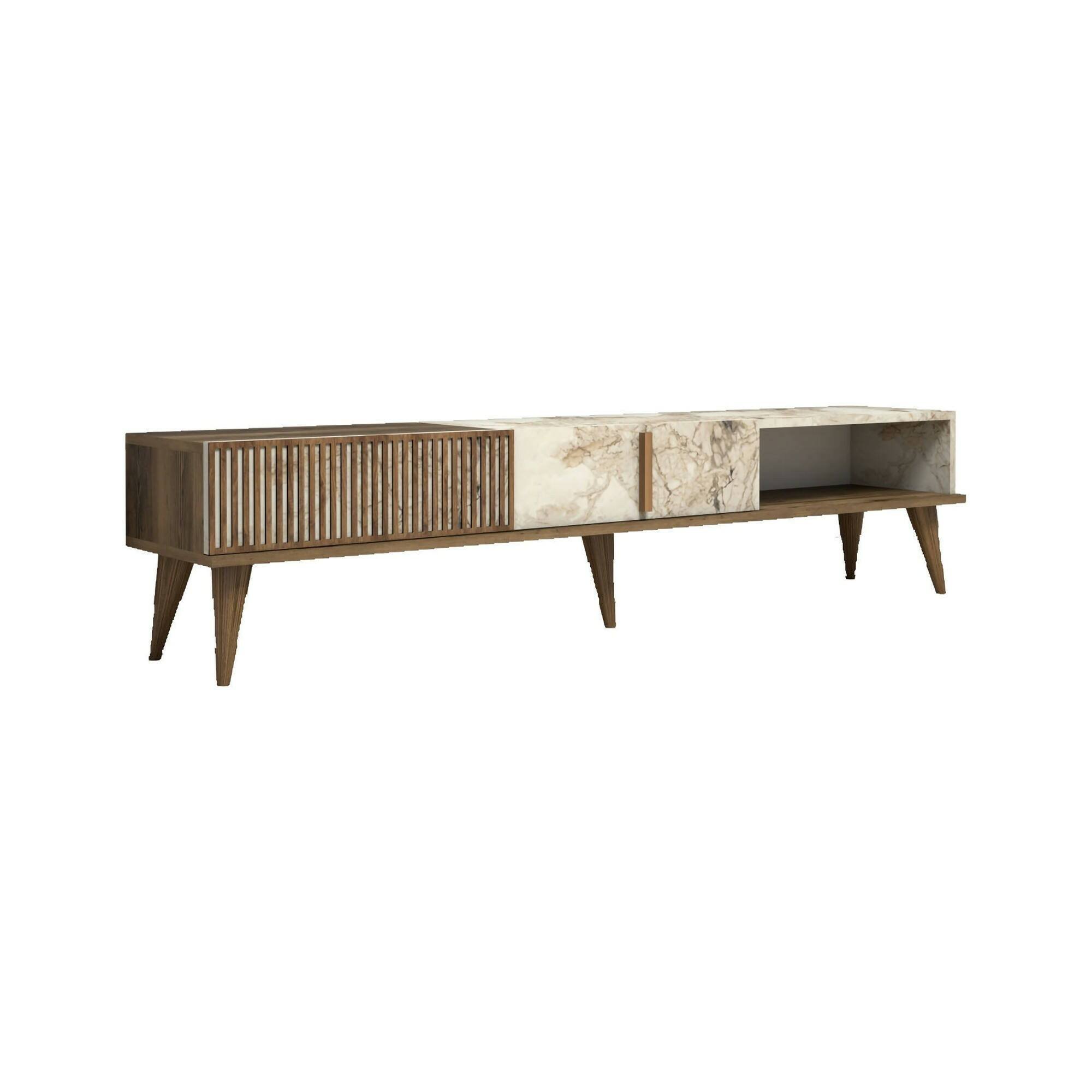 Mobile Porta tv Marrone Noce Bianco Marmo un Cassetto 2 Ripiani 180x35x40h cm, 2 Ante - Jakuchu