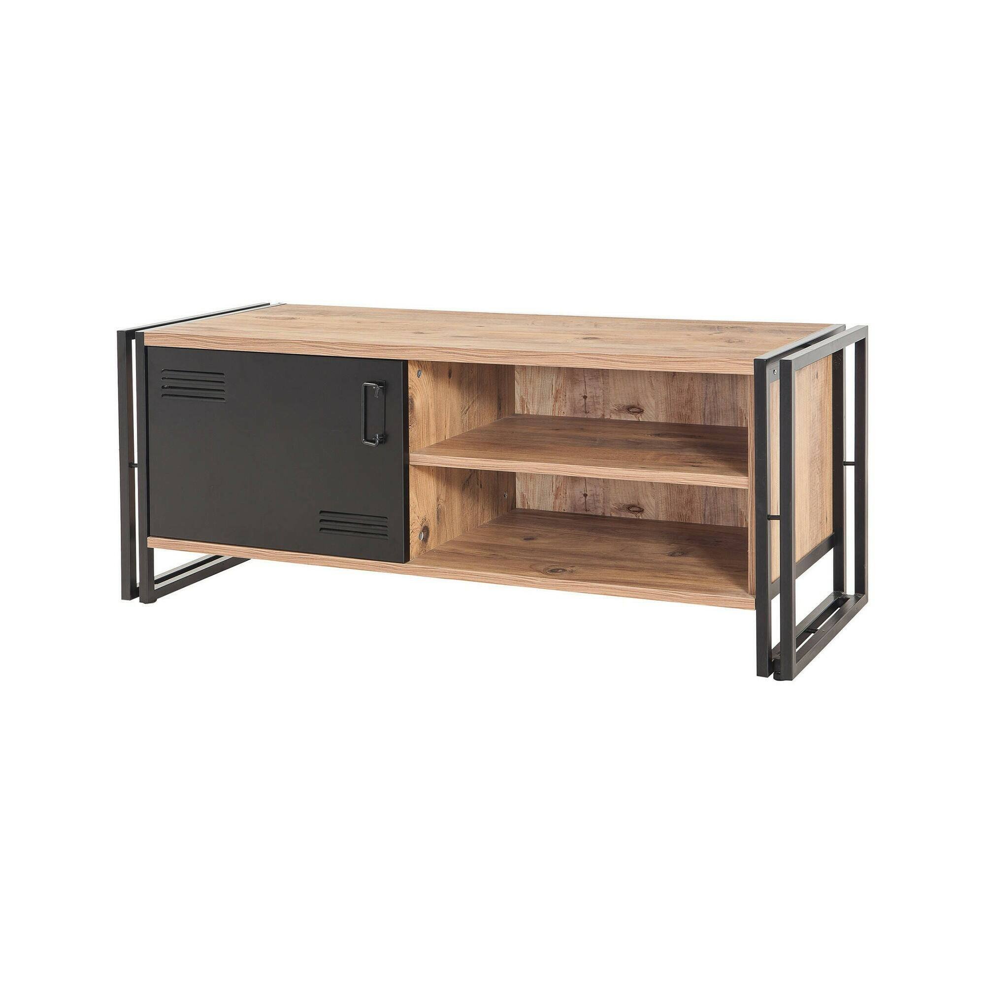 Mobile porta TV Polaris, Supporto per televisione da salotto, Credenza bassa da soggiorno, Base porta TV, Quercia e Nero, 130x45h50 cm