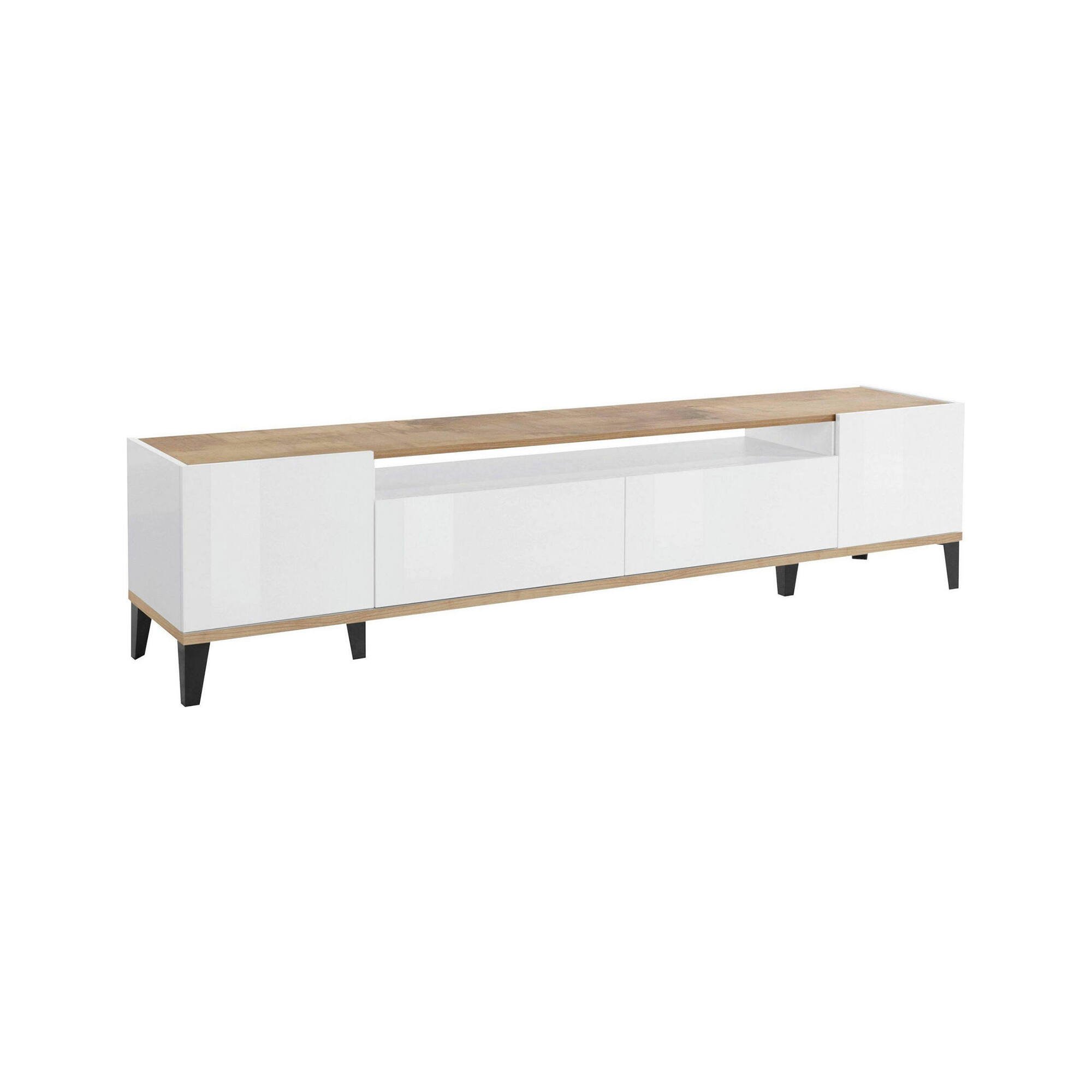 Mobile porta TV Raffaele, Credenza bassa da soggiorno a 2 ante, Base porta TV, 100% Made in Italy, cm 200x40h47, Bianco lucido e Acero