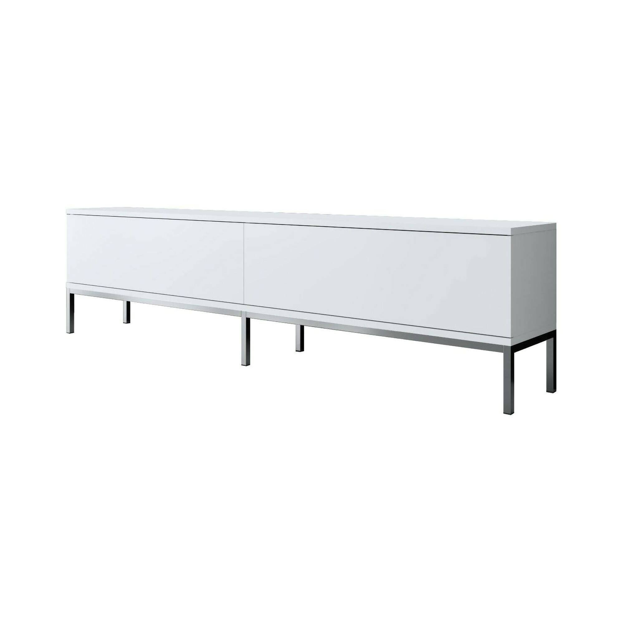 Mobile porta TV Regulus, Supporto per televisione da salotto, Credenza bassa da soggiorno, Base porta TV, 180x30h47 cm, Bianco e Argento