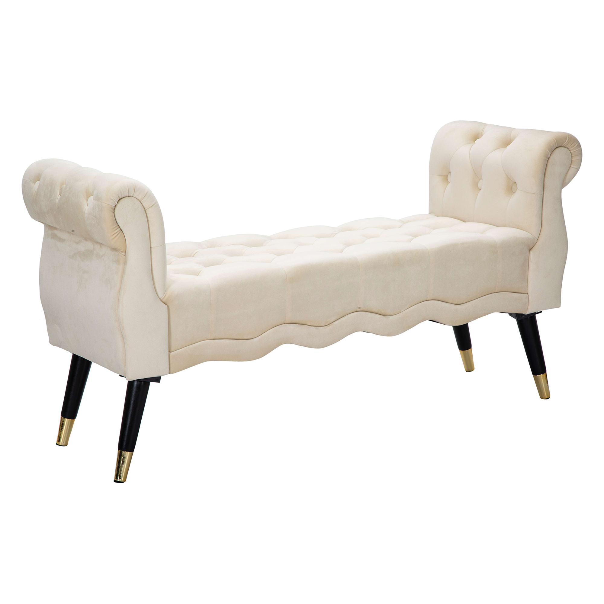 Panca Bianco Crema Nero in Velluto, con Braccioli e Dettagli Dorati Materiale Struttura in Tessuto 120x40x60h cm, Colore Seduta Bianco - Humahu