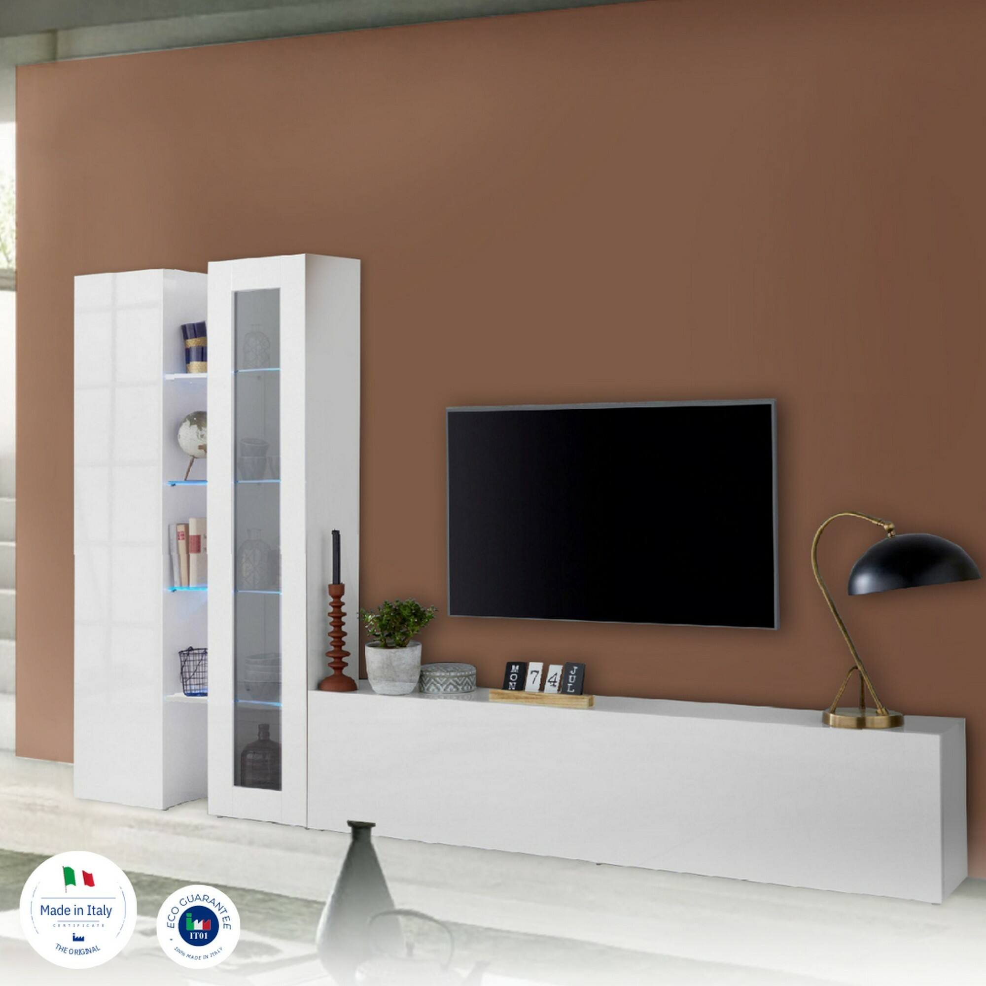 Set TV Wall Da 3 Pezzi Con Illuminazione LED Lucida, Mobile In PB E Vetro, Porta A Ribalta, Vetrina Sospesa, Bianco, Per Soggiorno Moderno