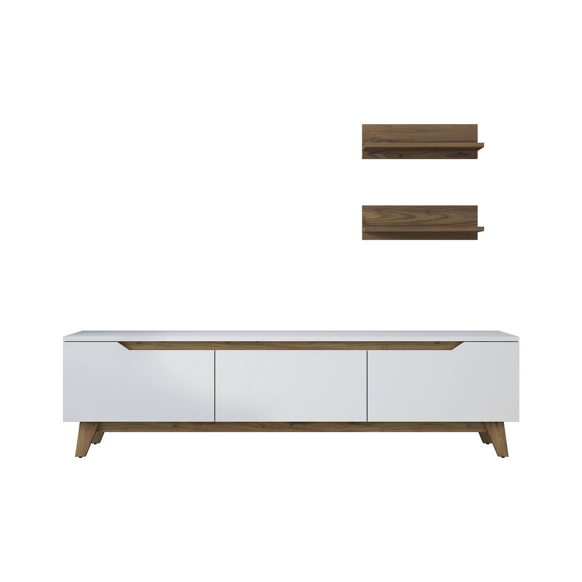 Parete attrezzata Lutetia, Composizione soggiorno, Mobile salotto multiuso, Armadio porta TV, 180x35 h49 cm, Bianco e Noce