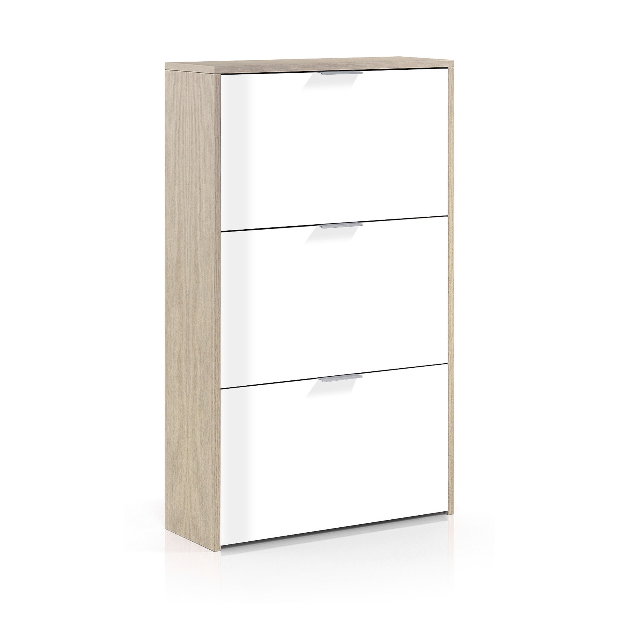 Scarpiera Escondido, Armadio portascarpe a 3 ante a ribalta-, Mobile doppia capienza per max 18 paia di scarpe, 70x17h180 cm, Rovere e Bianco lucido