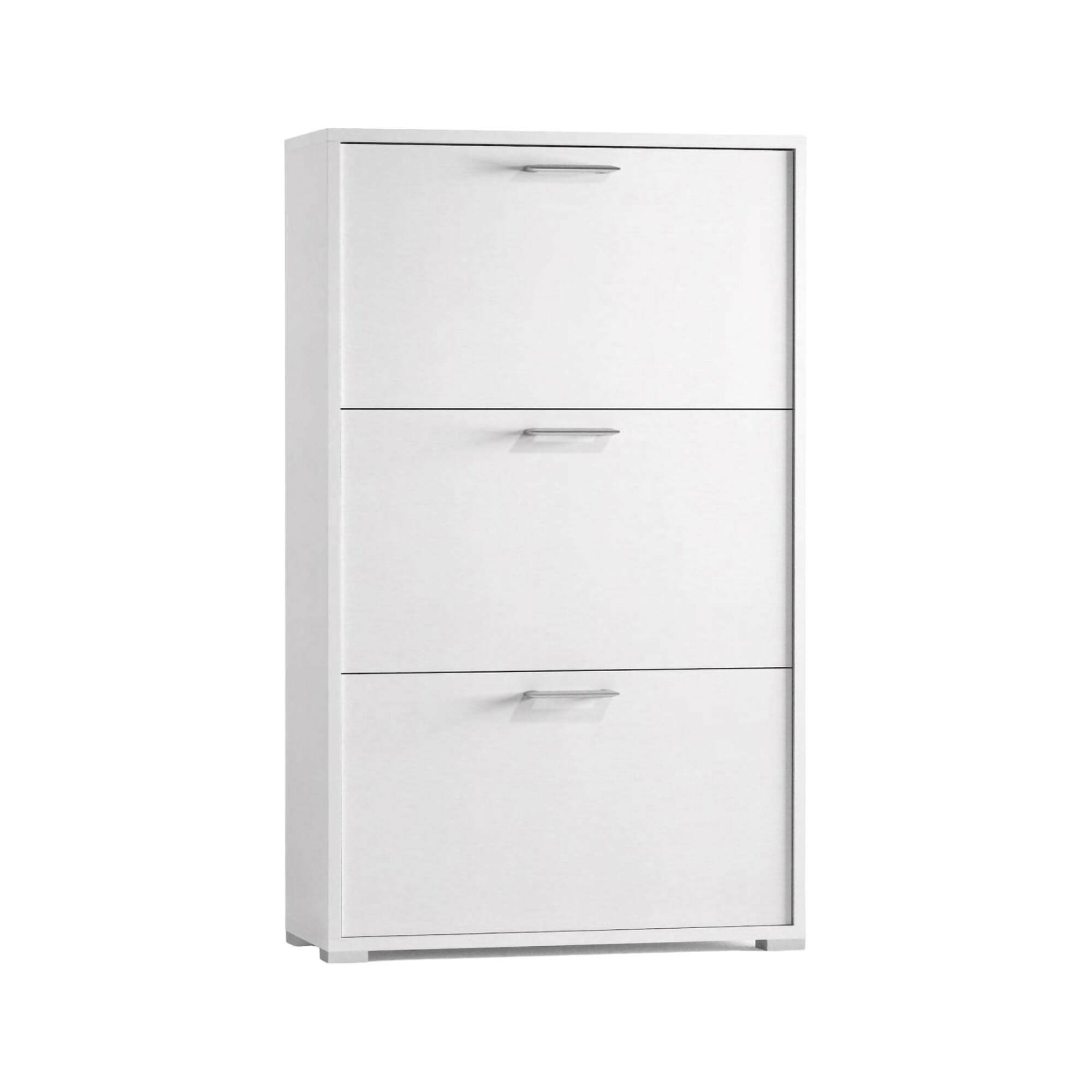 Scarpiera Iris, Mobile multiuso da ingresso con 3 ante a ribalta-, Armadietto portascarpe moderno, 100% Made in Italy, 67x18h112 cm, Bianco