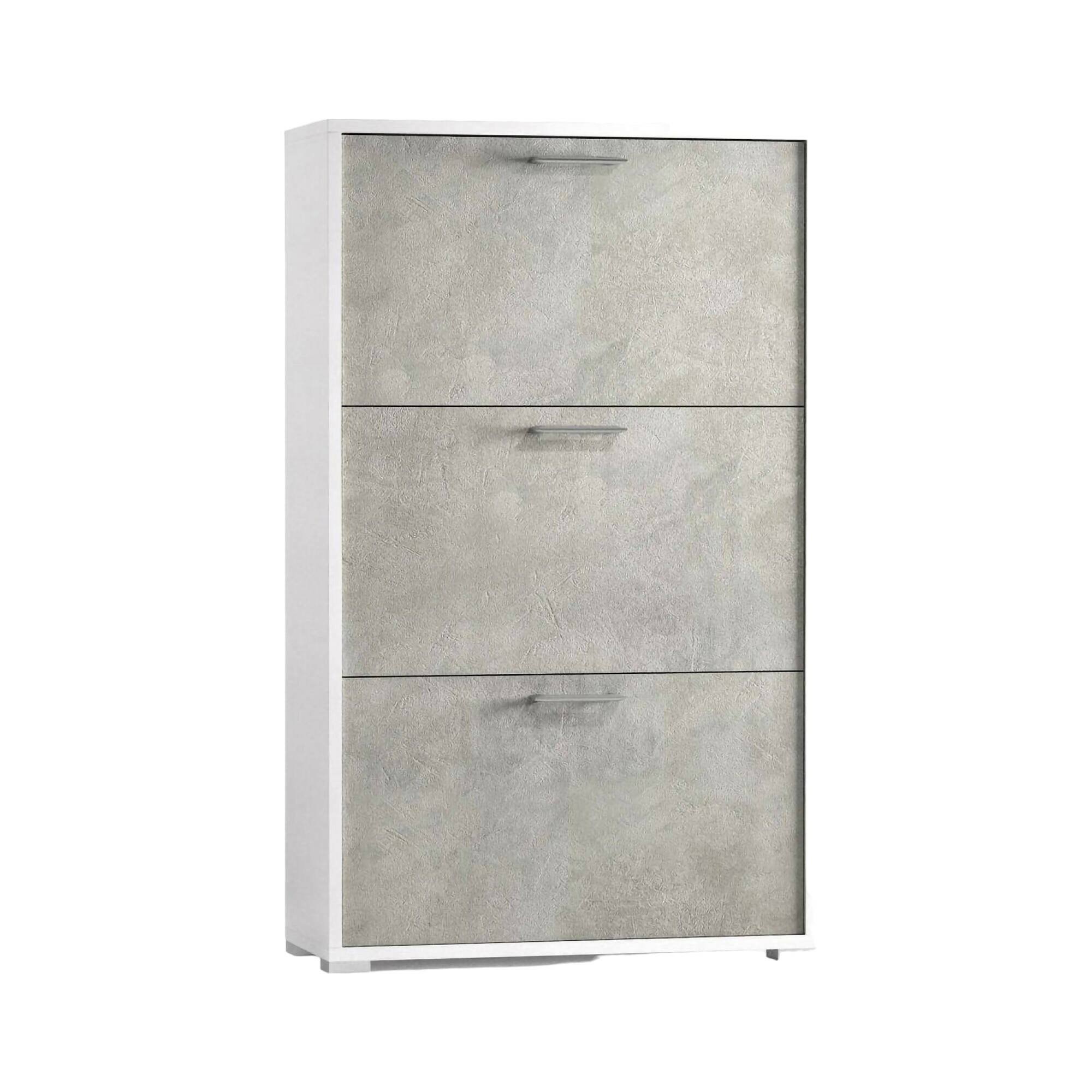 Scarpiera Iris, Mobile multiuso da ingresso con 3 ante a ribalta-, Armadietto portascarpe moderno, 100% Made in Italy, 67x18h112 cm, Bianco e Cemento