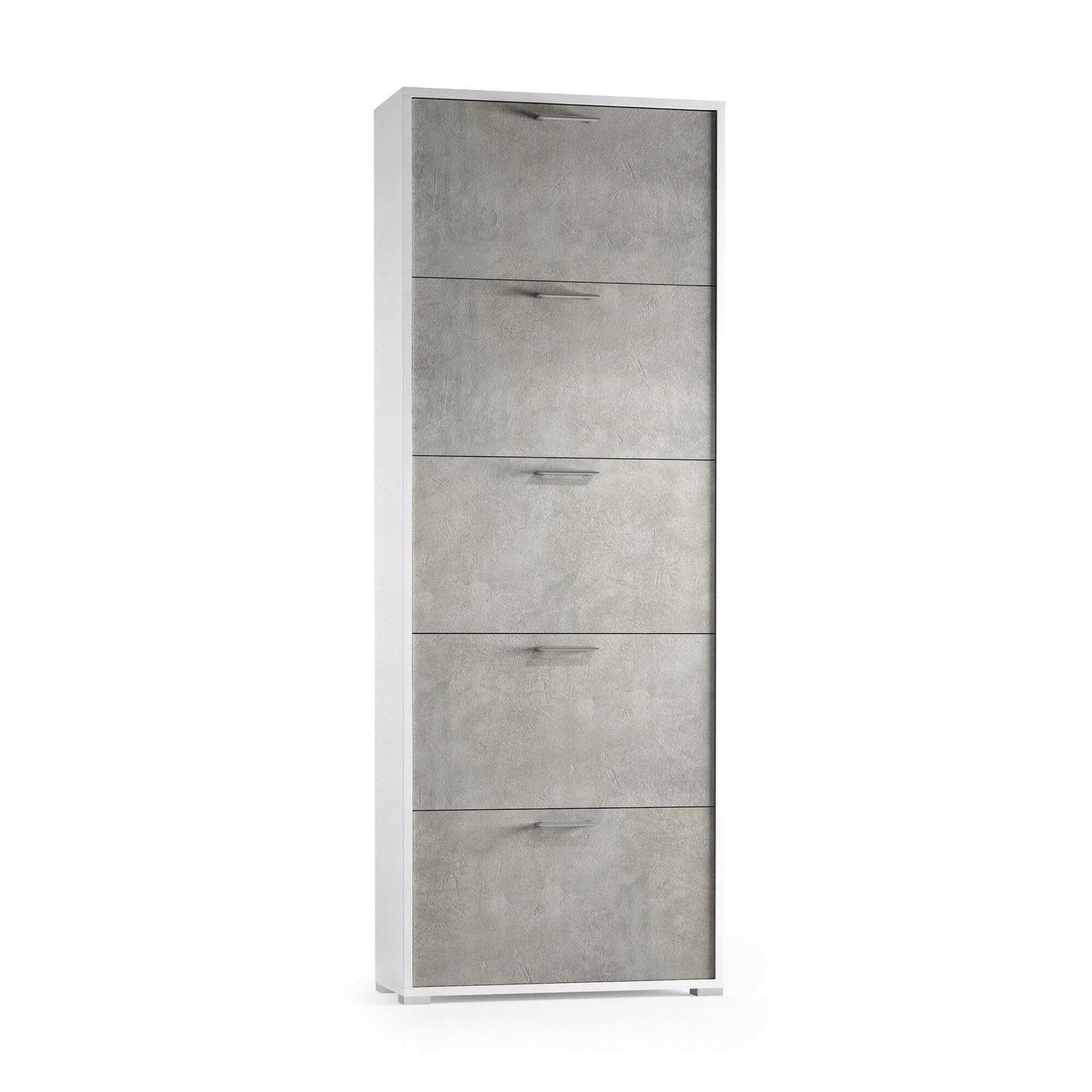Scarpiera Margherita, Mobile multiuso da ingresso con 5 ante a ribalta-, Armadietto portascarpe moderno, 100% Made in Italy, 67x18h184 cm, Cemento e Bianco