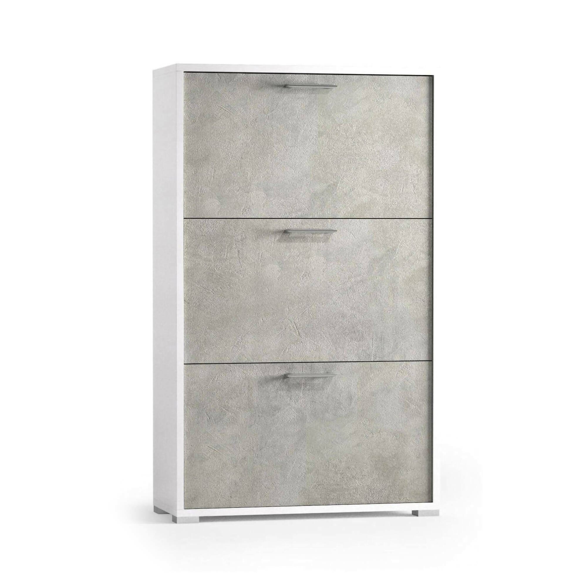 Scarpiera Peonia, Mobile multiuso da ingresso con 3 ante a ribalta-, Armadietto portascarpe a doppia profondità, 100% Made in Italy, 67x28h112 cm, Bianco e Cemento