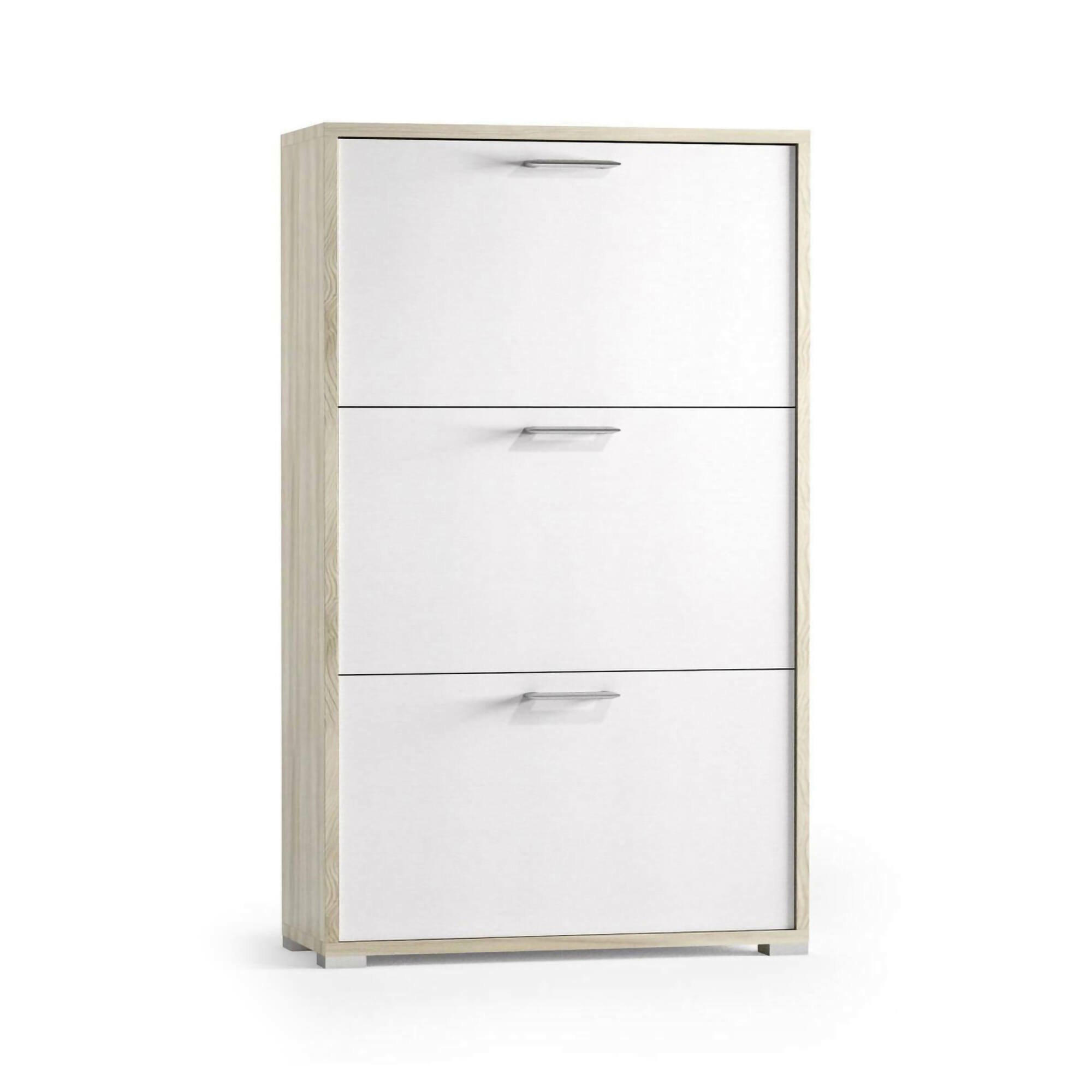 Scarpiera Peonia, Mobile multiuso da ingresso con 3 ante a ribalta-, Armadietto portascarpe a doppia profondità, 100% Made in Italy, 67x28h112 cm, Bianco e Olmo