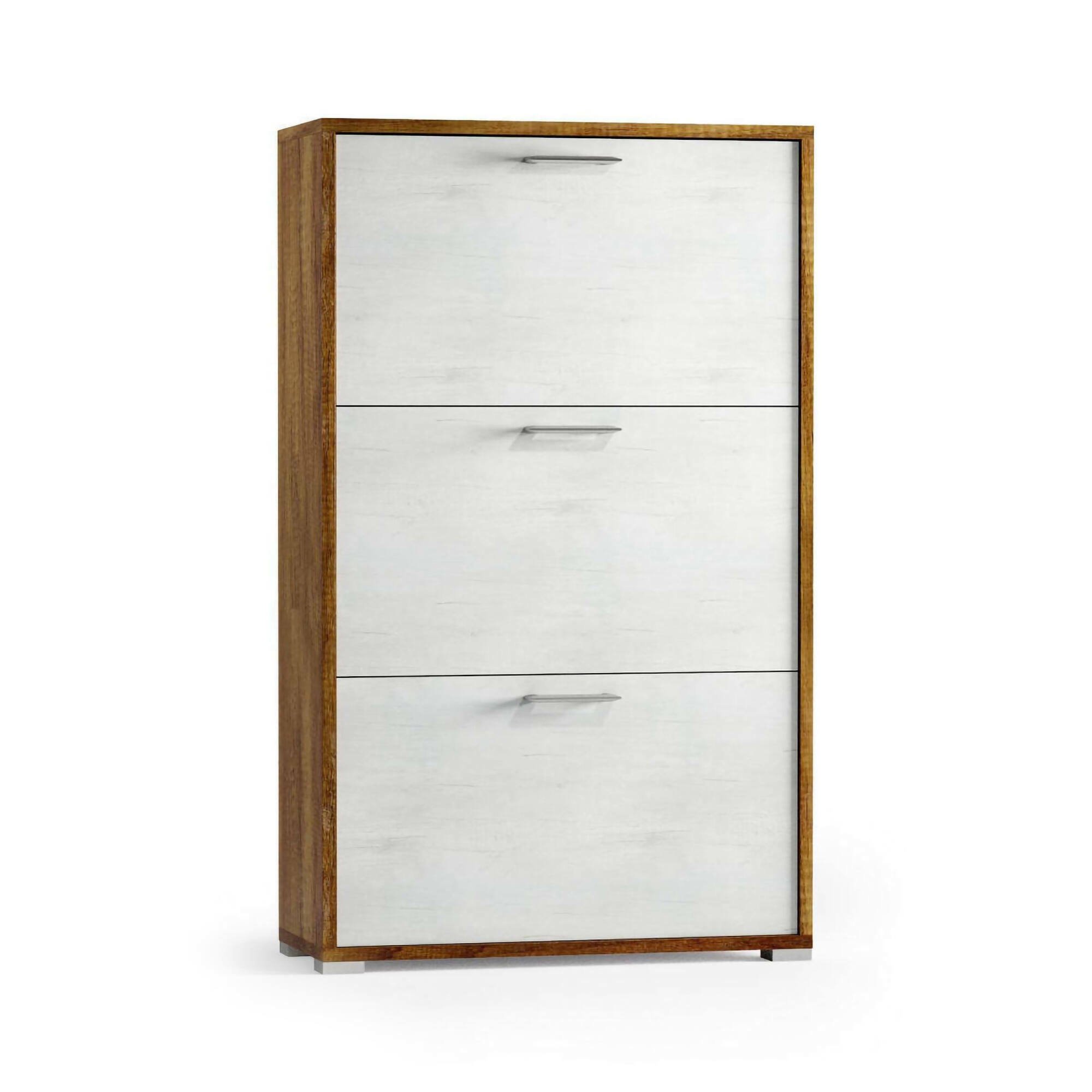 Scarpiera Peonia, Mobile multiuso da ingresso con 3 ante a ribalta-, Armadietto portascarpe a doppia profondità, 100% Made in Italy, 67x28h112 cm, Bianco e Rovere