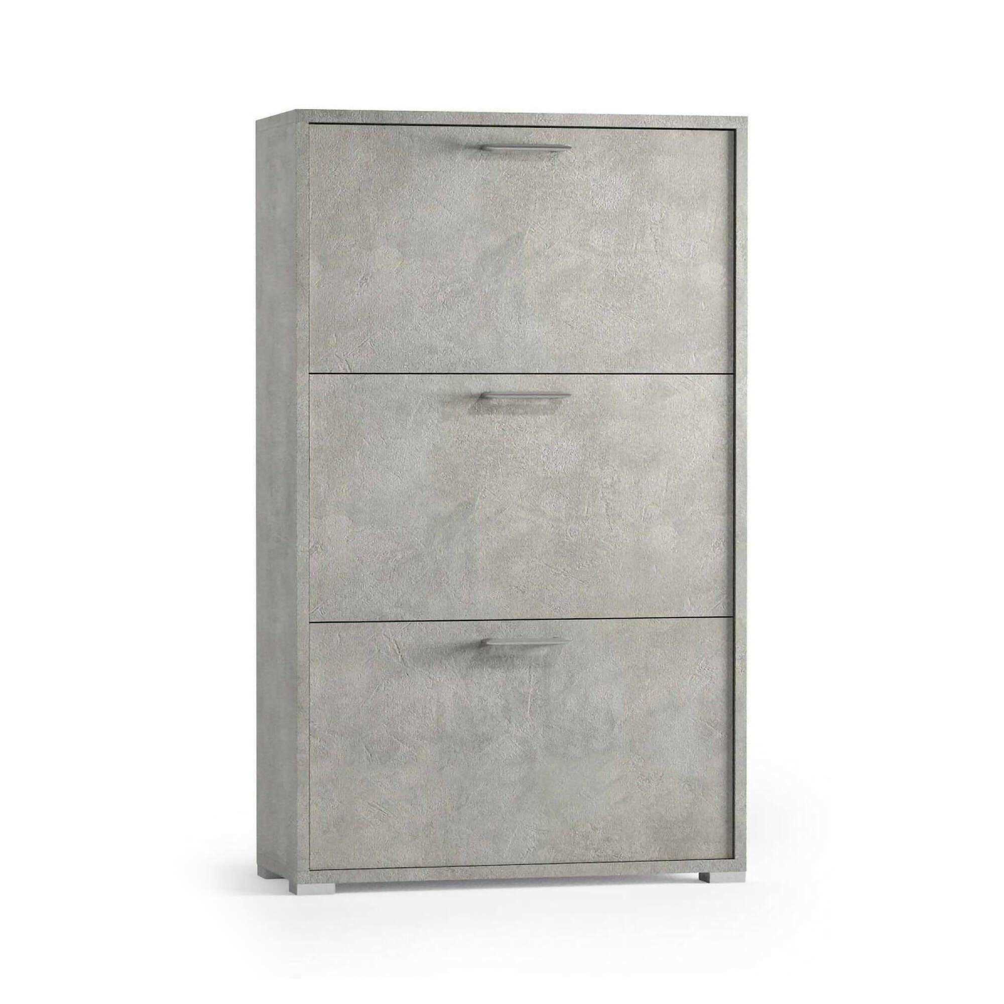 Scarpiera Peonia, Mobile multiuso da ingresso con 3 ante a ribalta-, Armadietto portascarpe a doppia profondità, 100% Made in Italy, 67x28h112 cm, Cemento