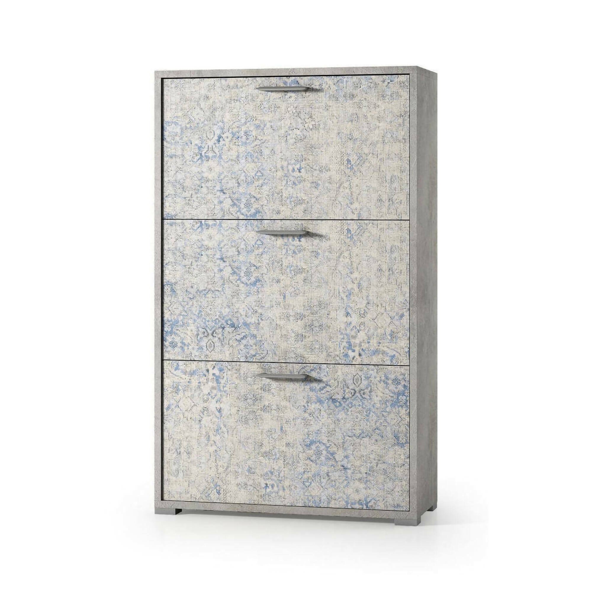 Scarpiera Peonia, Mobile multiuso da ingresso con 3 ante a ribalta-, Armadietto portascarpe a doppia profondità, 100% Made in Italy, 67x28h112 cm, Cemento e Azzurro